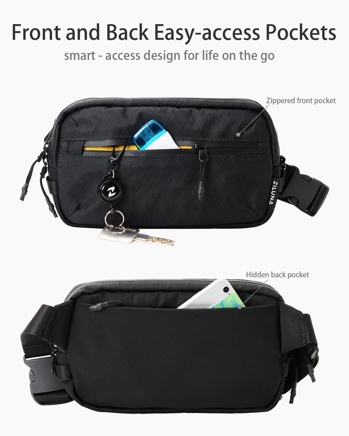 2L Sling Bag for Men & Women - Anti-Theft RFID Blocking Fanny Pack with Lockable Zippers, Water Resistant Lightweight Crossbody Bag for Travel Hiking Running Gym Walking Daily Use(Black)