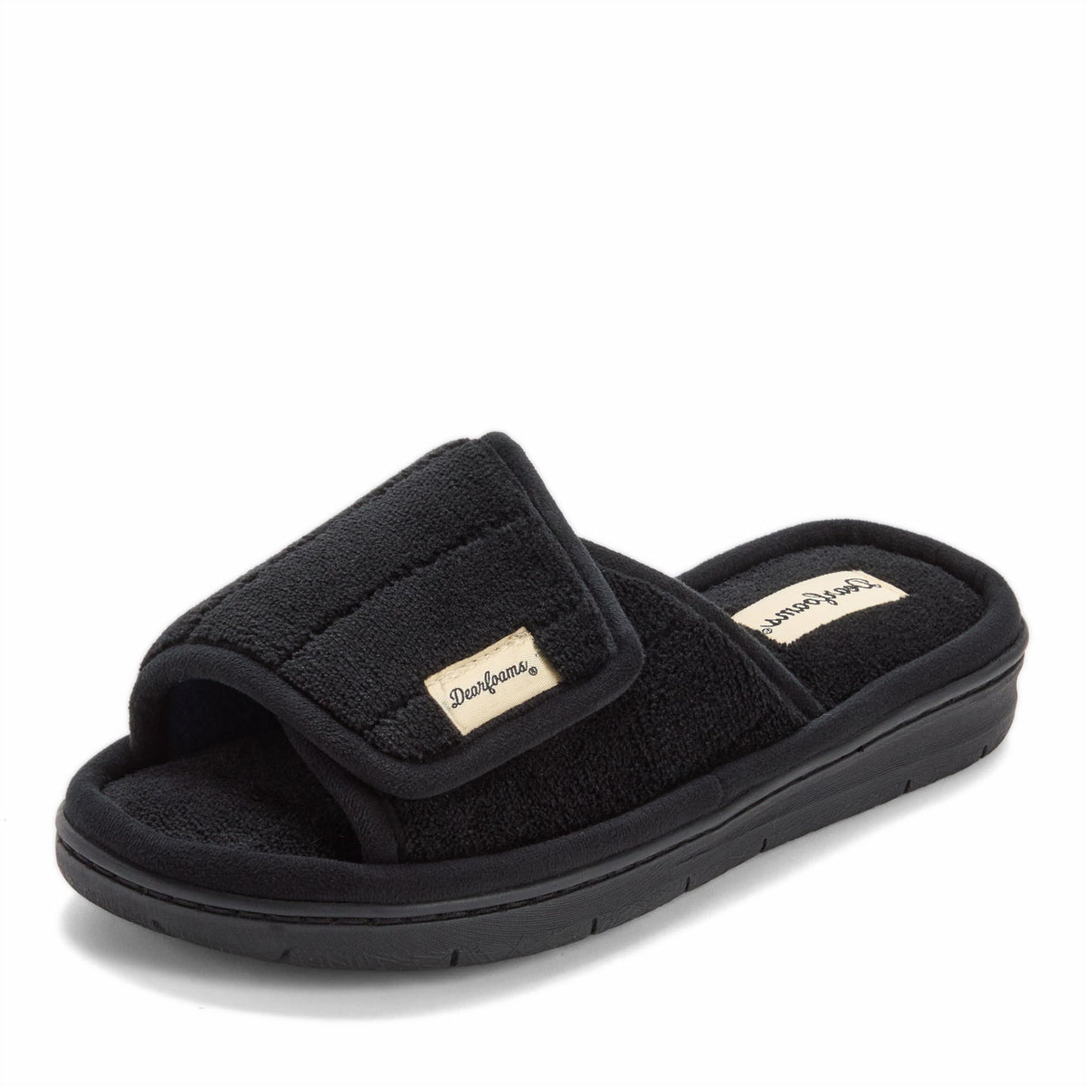 Dearfoams Women's Adjustable Indoor/Outdoor Machine Washable Memory Foam Slide Slipper, Black Terry, 9-10Dearfoams Women's Adjustable Indoor/Outdoor Machine Washable Memor…