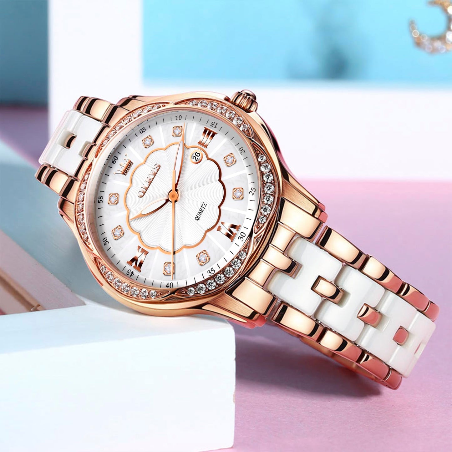 OLEVS Women's Watch Ceramic Band Waterproof Dress Watch Analog Quartz Watches Elegant Luxury Comfortable Wrist Watches with Date Day & Diamond White/Pink/Black Dial Gift for Her Reloj para Mujer