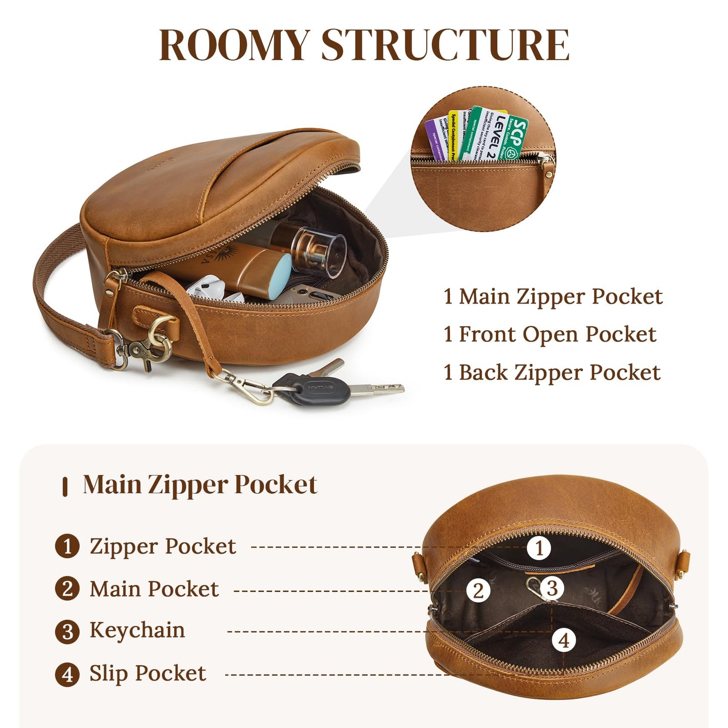 S-ZONE Leather Crossbody Bags for Women Circle Shoulder Round Purse Travel | Top Grain Leather, Keychain, Designer Handbag, Vintage, Multi Pockets, Detachable Strap, Eveyday Outing