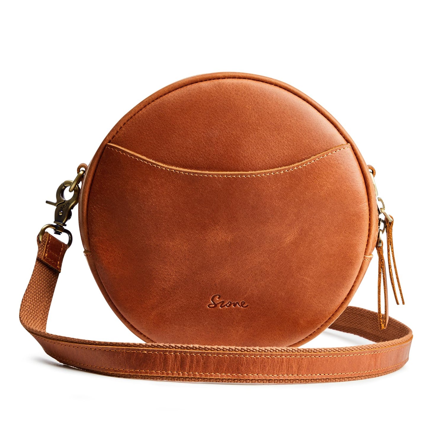 S-ZONE Leather Crossbody Bags for Women Circle Shoulder Round Purse Travel | Top Grain Leather, Keychain, Designer Handbag, Vintage, Multi Pockets, Detachable Strap, Eveyday Outing