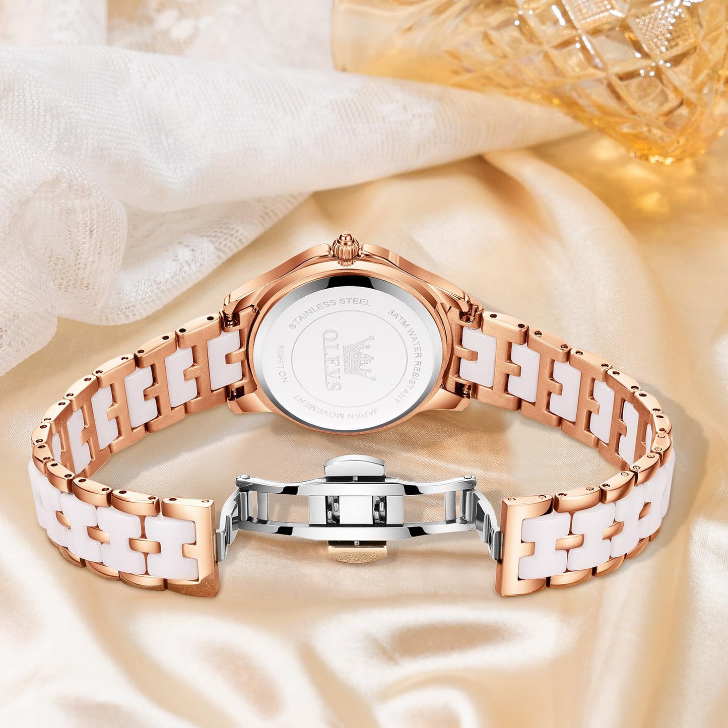 OLEVS Women's Watch Ceramic Band Waterproof Dress Watch Analog Quartz Watches Elegant Luxury Comfortable Wrist Watches with Date Day & Diamond White/Pink/Black Dial Gift for Her Reloj para Mujer