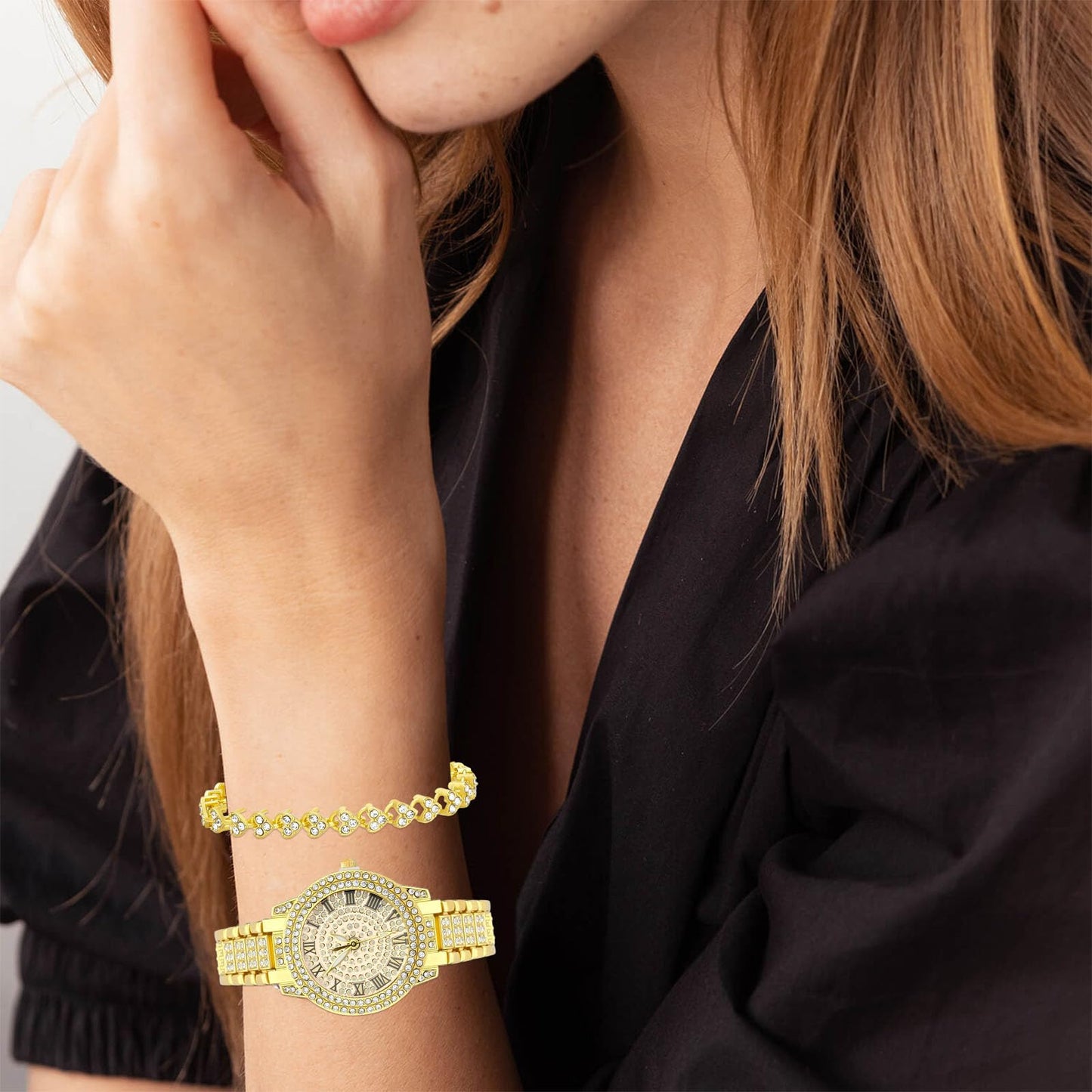 NEWITIN 2 Pieces Women Diamond Watch Bracelet Set Luxury Fashion Jewelry Cubic Zirconia Wristwatch Bracelet Gold Watch Jewelry Set for Women