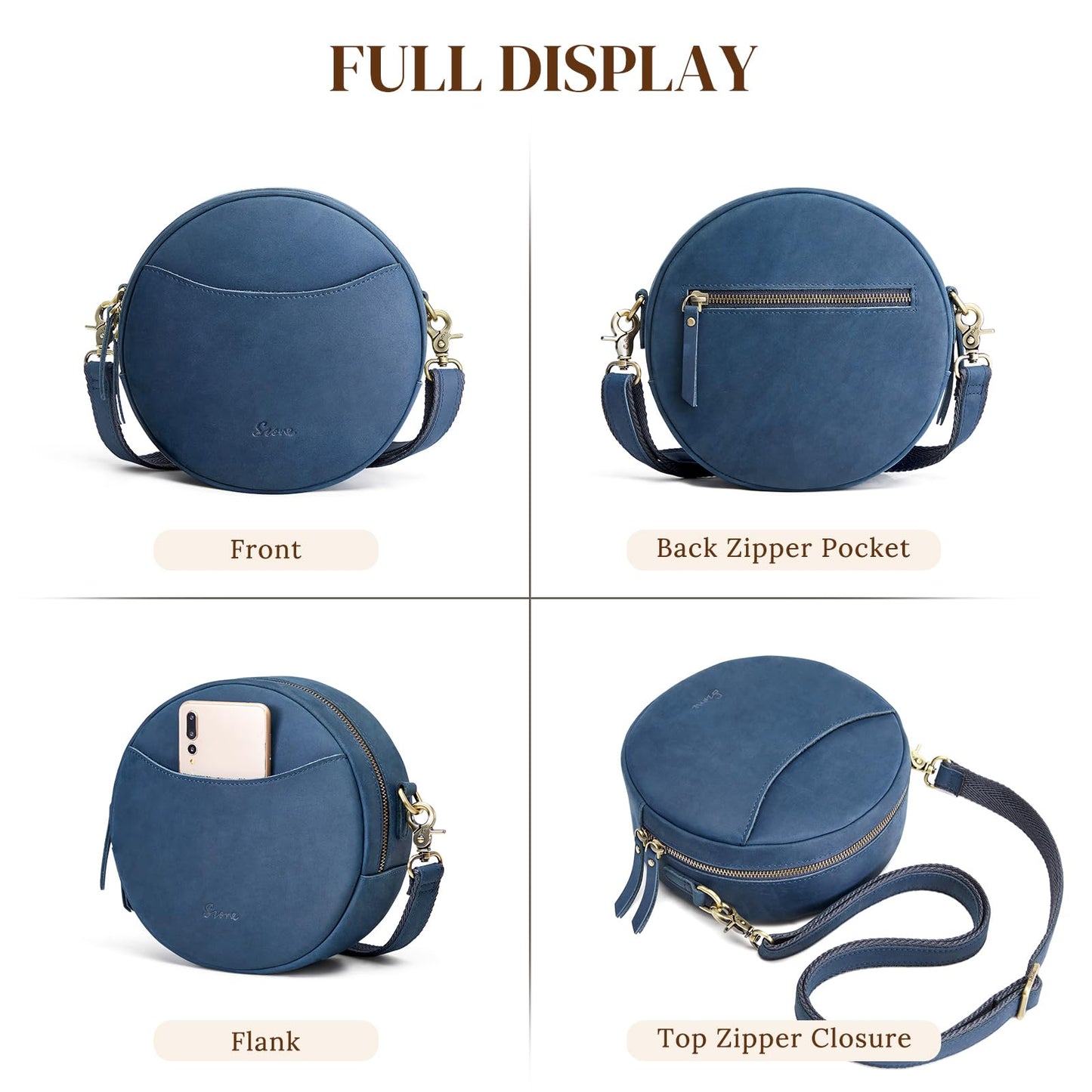 S-ZONE Leather Crossbody Bags for Women Circle Shoulder Round Purse Travel | Top Grain Leather, Keychain, Designer Handbag, Vintage, Multi Pockets, Detachable Strap, Eveyday Outing