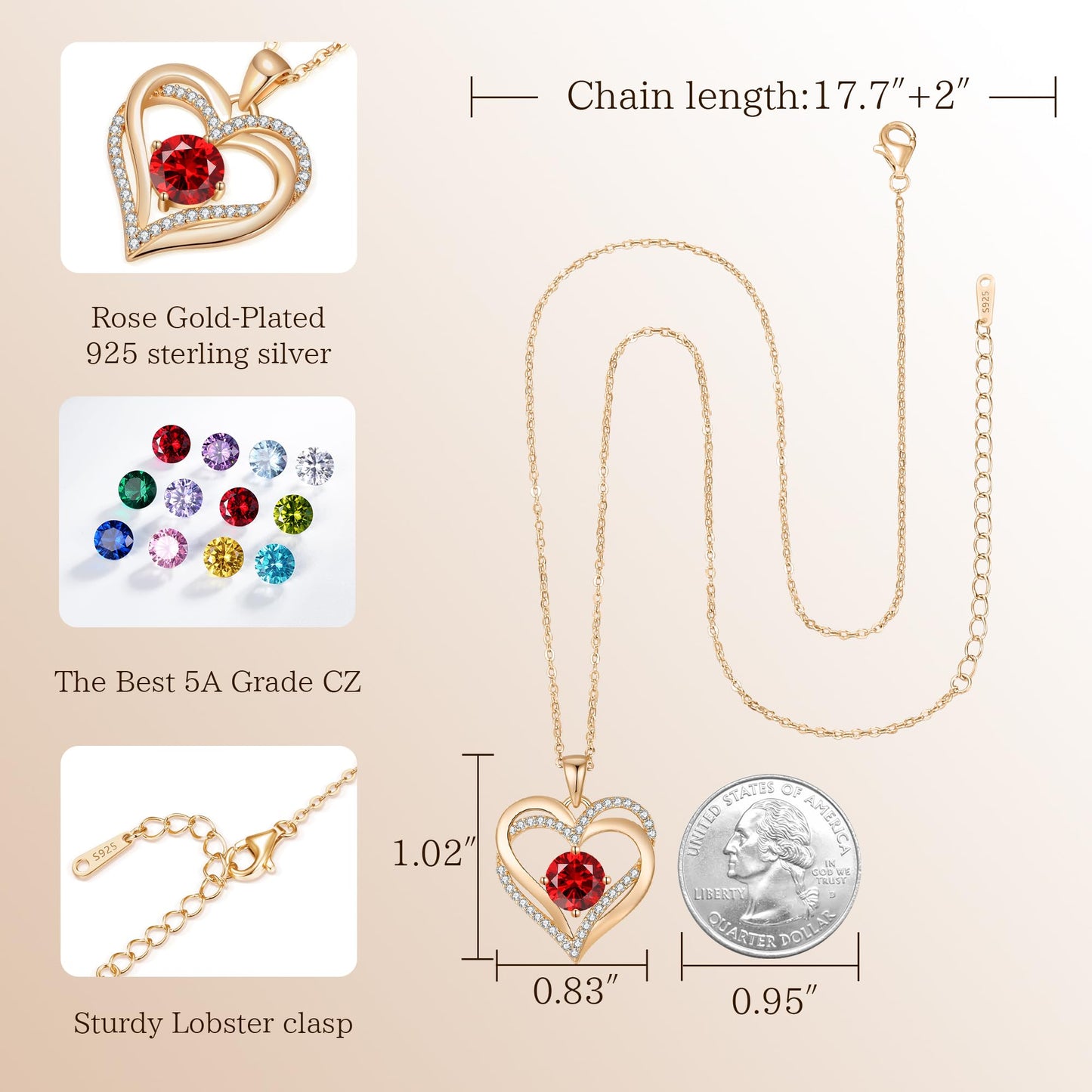 LOUISA SECRET Double Love Heart Birthstone Necklaces for Women, Birthday Gift for Girlfriend, Anniversary Jewelry Gift for Her, 925 Sterling Silver Jewelry Christmas Anniversary Birthday Present Gifts for Wife Girlfriend Mom Grandma Daughter