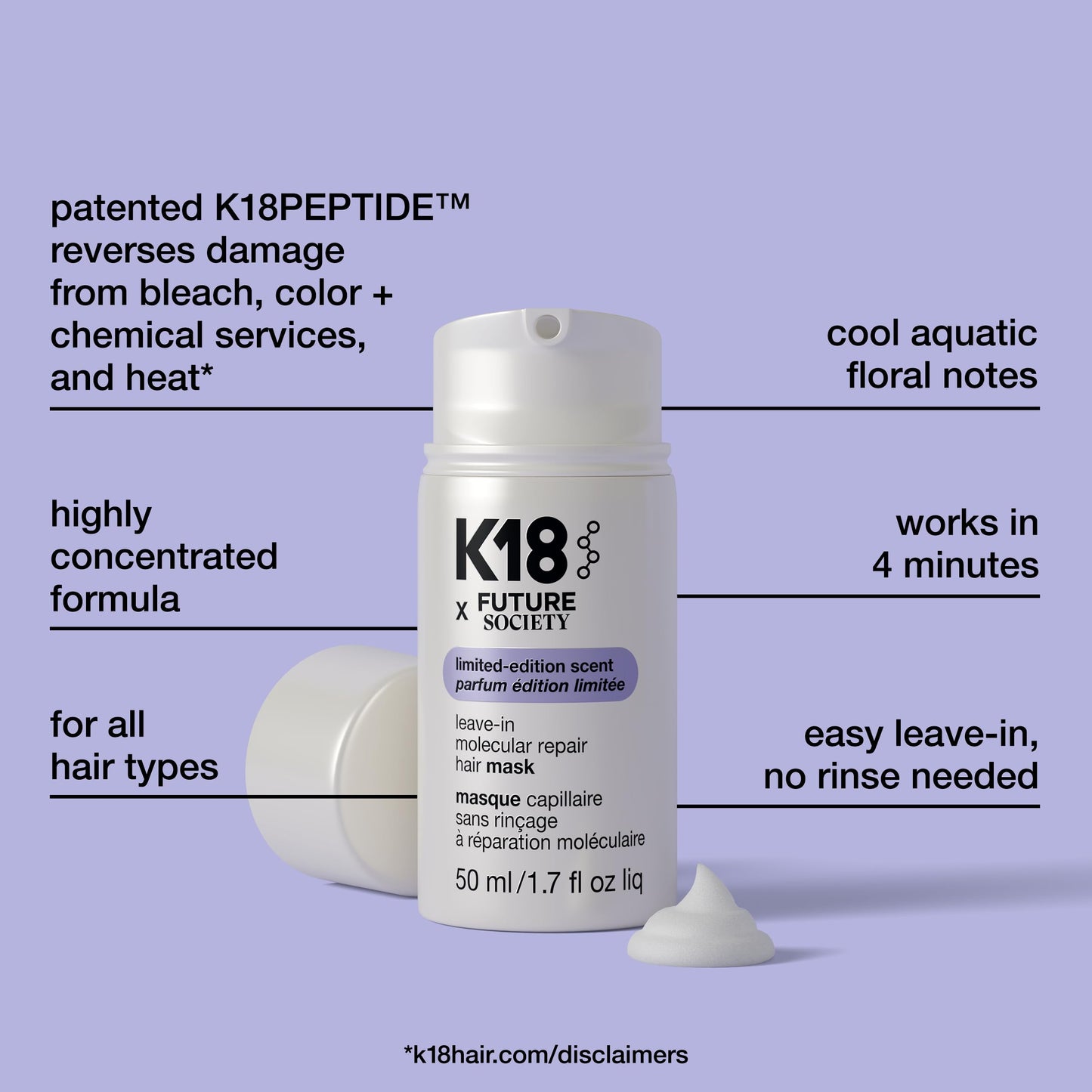 K18 Leave-In Molecular Repair Hair Mask, Patented, Lasting Repair For Dry, Frizzy, Damaged Hair, Reverse Damage In 4 Minutes From Bleach, Color, Chemical Services + Heat