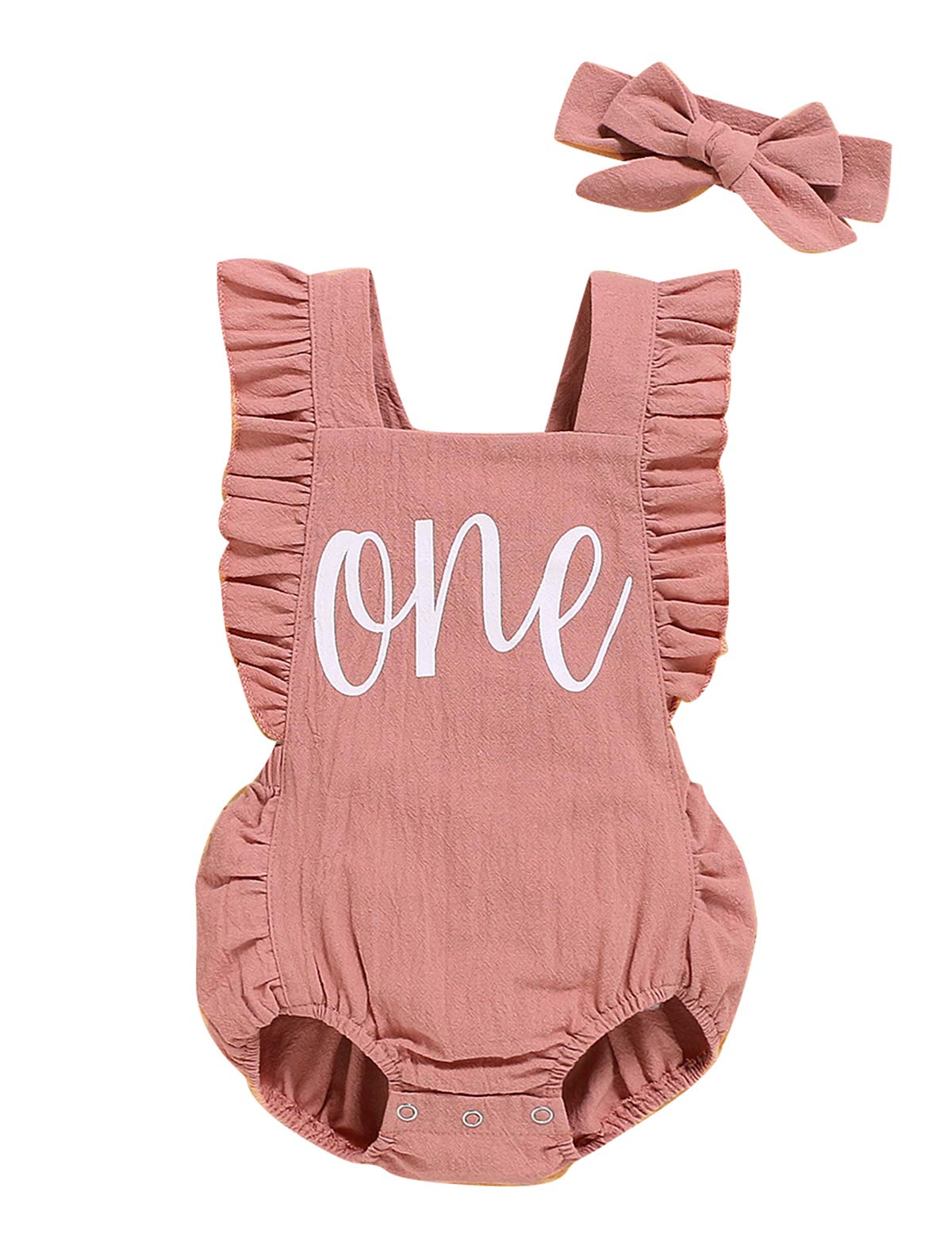 Shalofer 1st Birthday Outfit Girl Baby First Birthday Clothes Cute Backless Ruffles Bodysuit with Headband (Pink,12-18 Months)