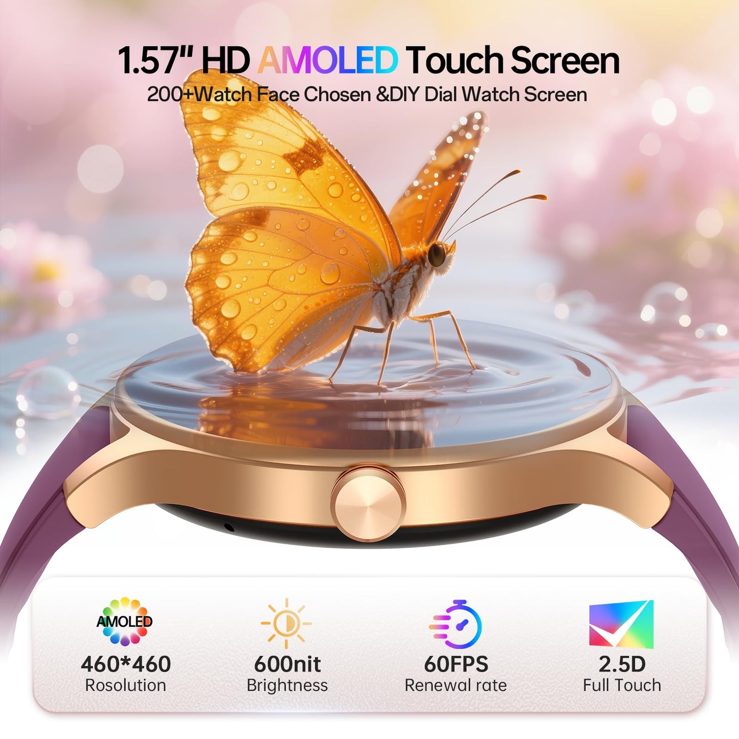 Woneligo Smart Watch for Women,1.57inch AMOLED Touchscreen Fitness Watch for iPhone & Android,Heart Rate/Sp02/Sleep Monitor,110+ Sport Modes IP68 Waterproof Bluetooth Calls,2 Bands (Pink, 1.57)