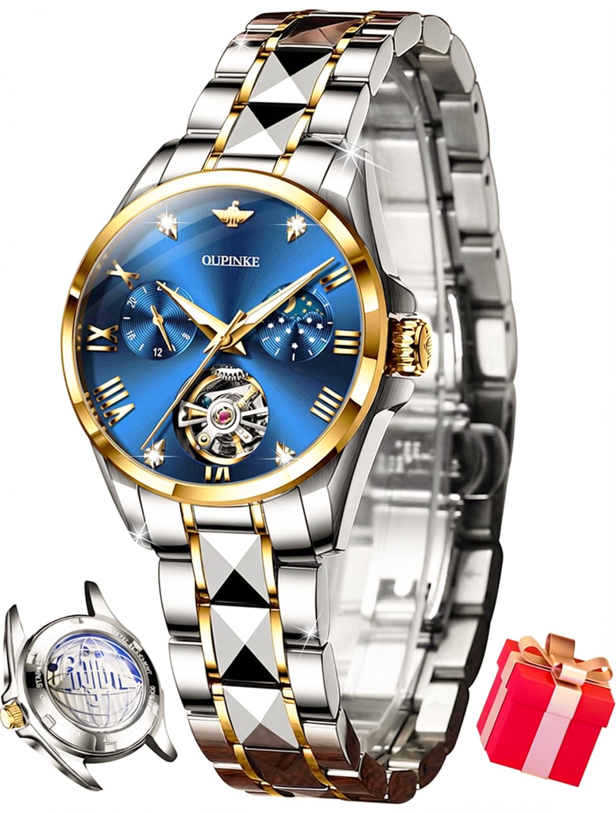 OUPINKE Women Automatic Watches Luxury Diamond Flywheel Two-Tone Stainless Tungsten Steel Band Moon Phase 24 Hours