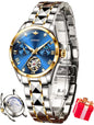 OUPINKE Women Automatic Watches Luxury Diamond Flywheel Two-Tone Stainless Tungsten Steel Band Moon Phase 24 Hours