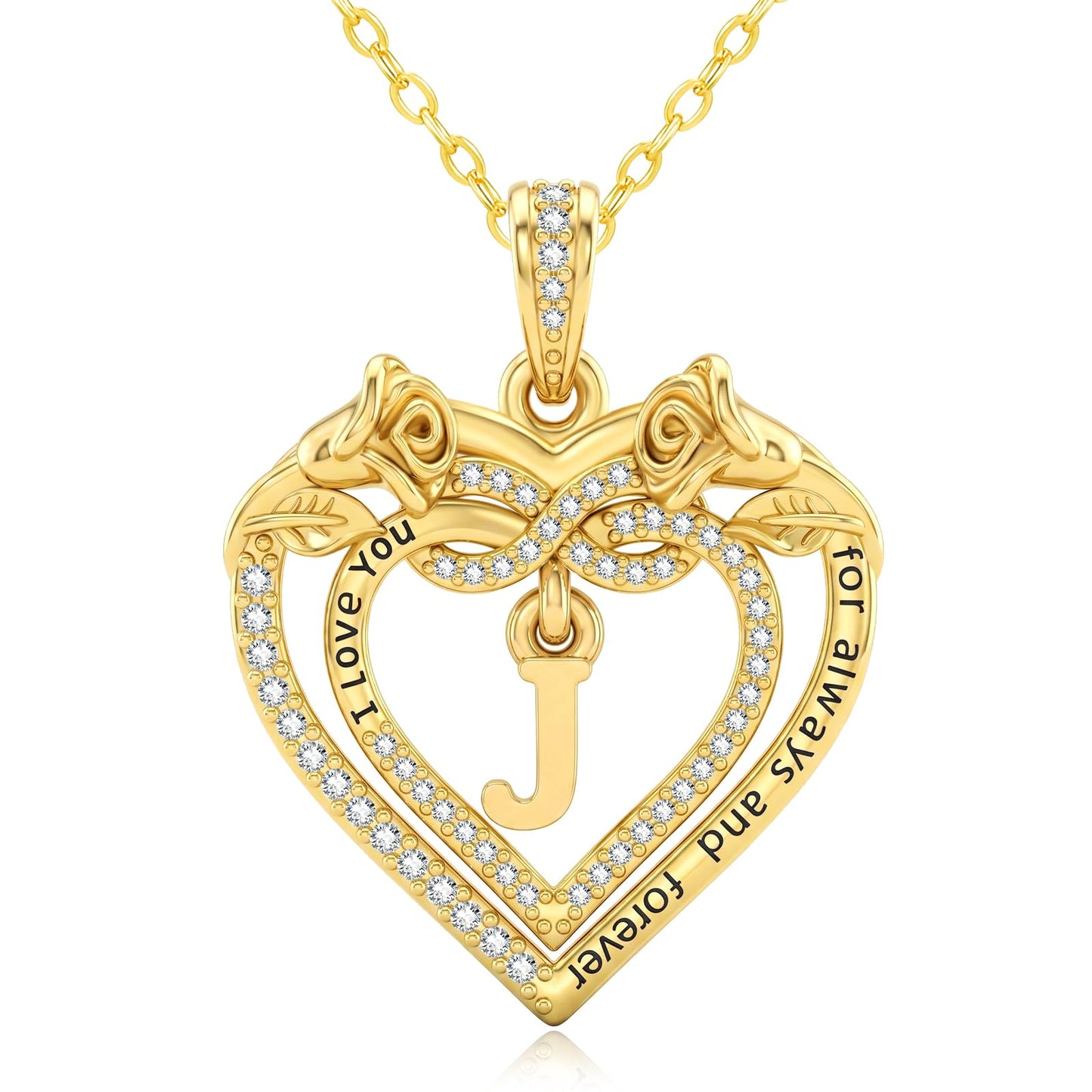 Uncle LOL Jewelry — 14K Gold Initial Letter Rose Heart Pendant Necklace for Women, Anniversary Birthday Jewelry Gifts for Wife Mom Grandma Sister Daughter, I Love You for Always And Forever