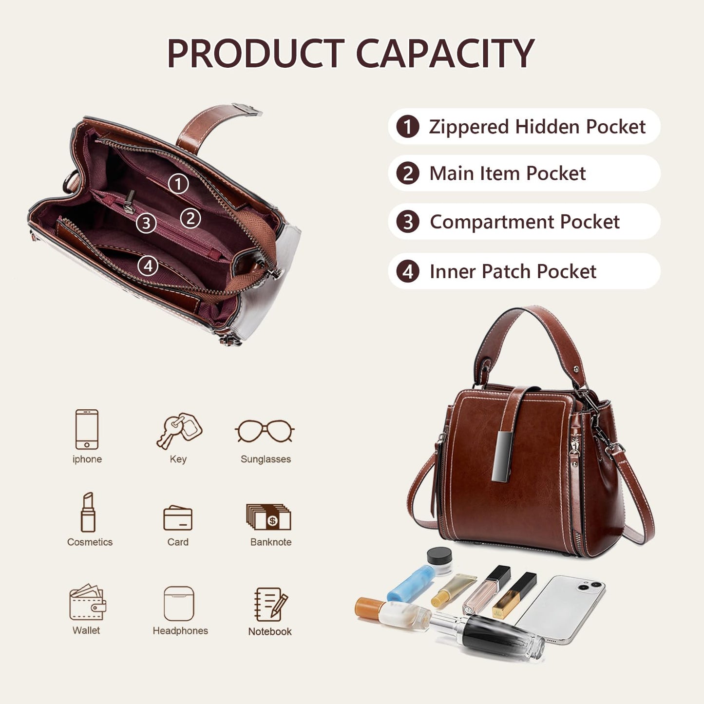 Genuine Leather Bucket Crossbody Shoulder Purse for Women | Scratch-Resistant Cowhide, 5 Pockets, Magnetic Snap, Silver Hardware, 3-Way Carry, Lightweight, Ideal Gift