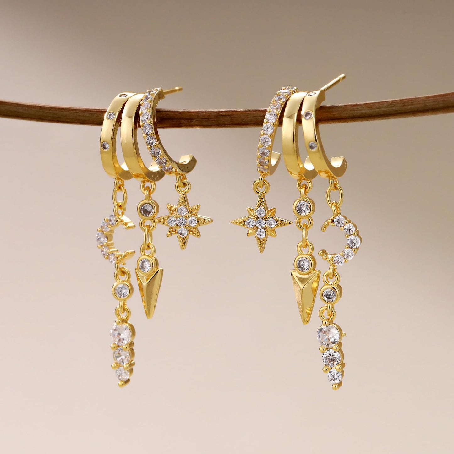 Gold Dangle Earrings for Women, 14k Gold Plated Stacked Triple Hoop Illusion Earrings Cubic Zirconia Huggie Earrings for Women Trendy