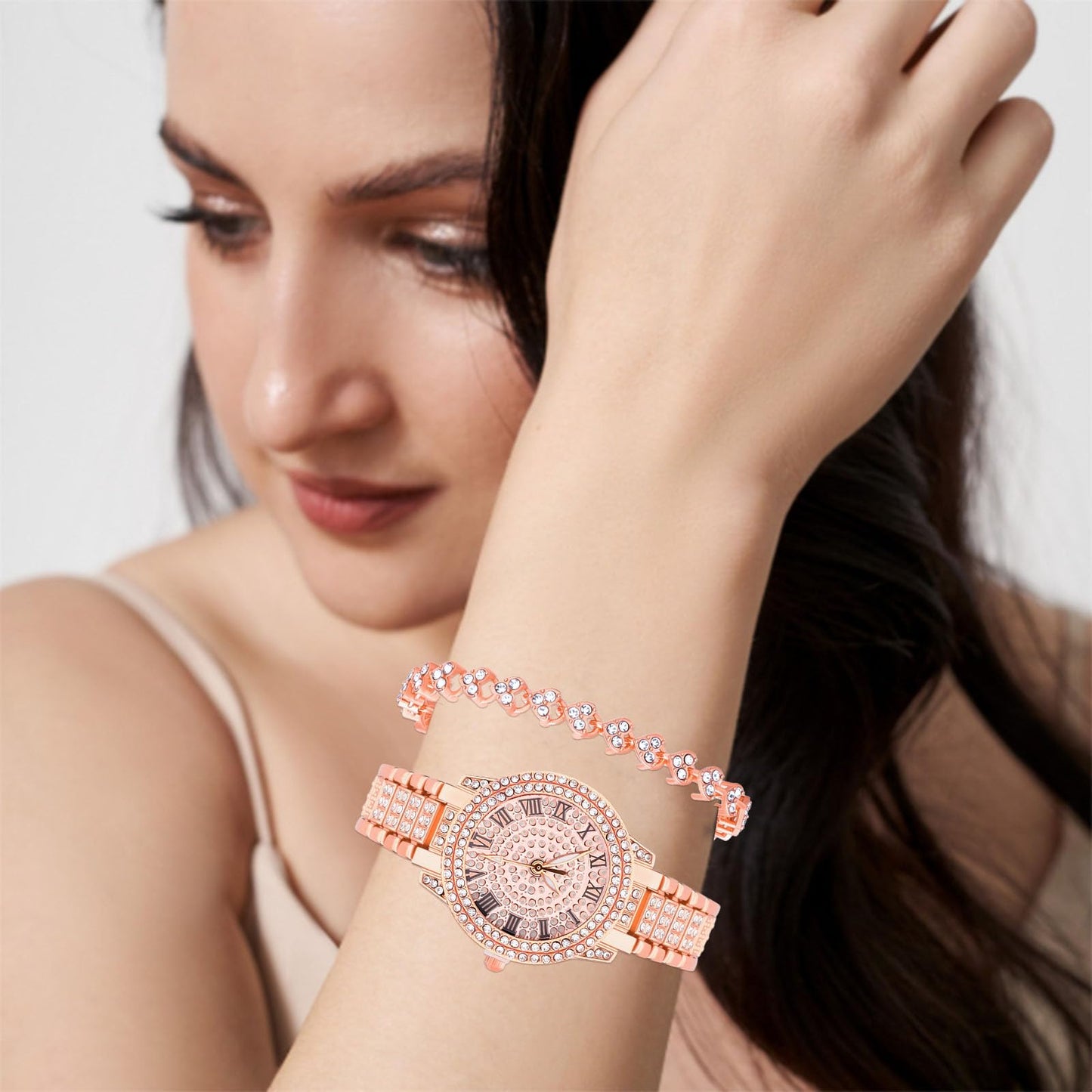 NEWITIN 2 Pieces Women Diamond Watch Bracelet Set Luxury Fashion Jewelry Cubic Zirconia Wristwatch Bracelet Gold Watch Jewelry Set for Women