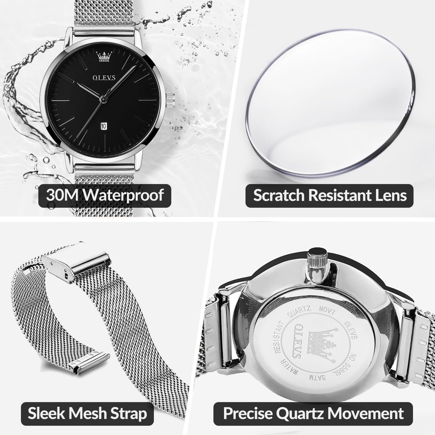 OLEVS Women's Mesh Bracelet Watch, Elegant Large Face Three Hand Analog Quartz Womens Wristwatch, Pretty Slim Date Display Waterproof Ladies Watches for Small Wrists