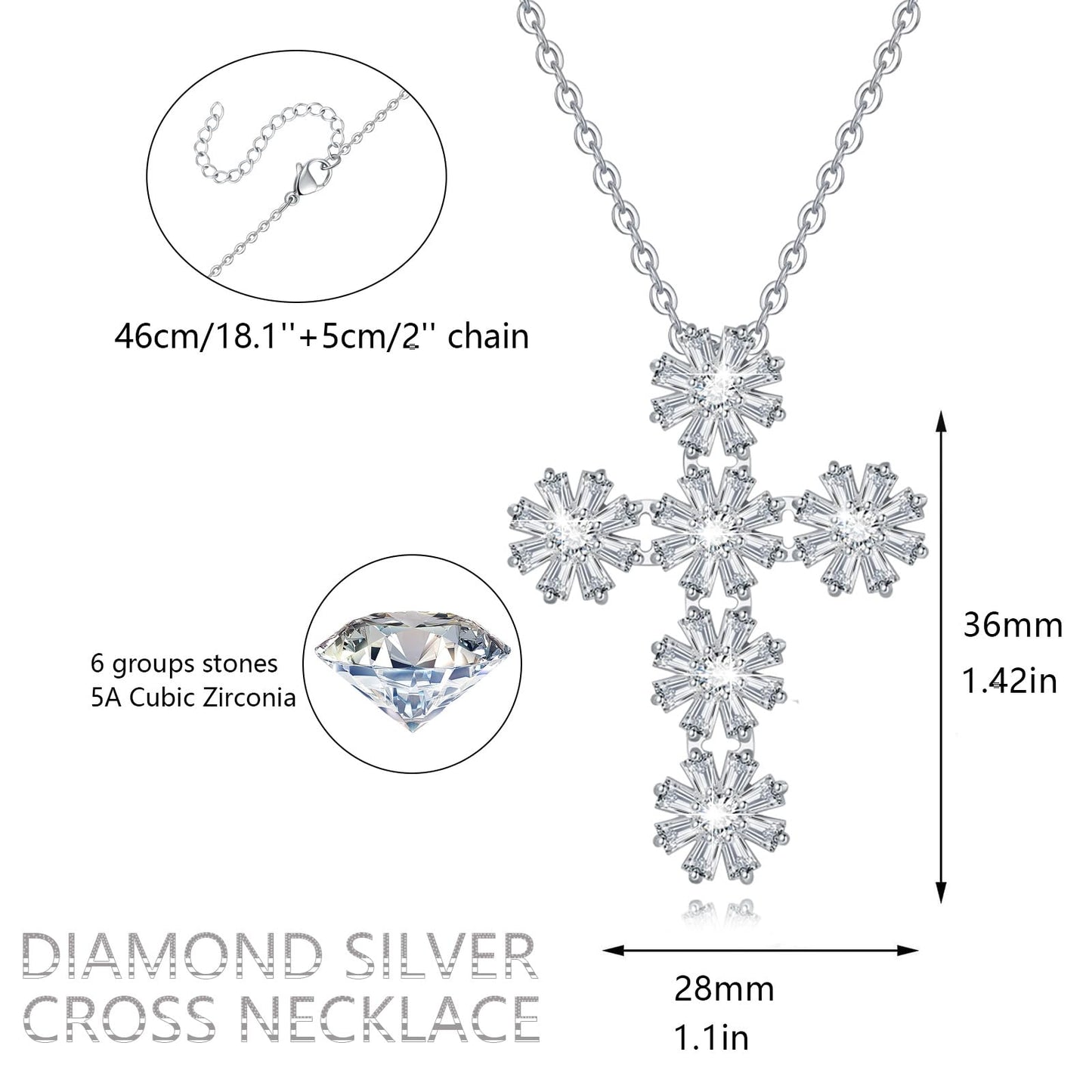 Dainty Gold Necklace for Women, 18K Real Gold Plated Necklace, White Gold Cross Silver Necklace, Cubic Zirconia Necklace, Birthday Gifts for Women Jewelry