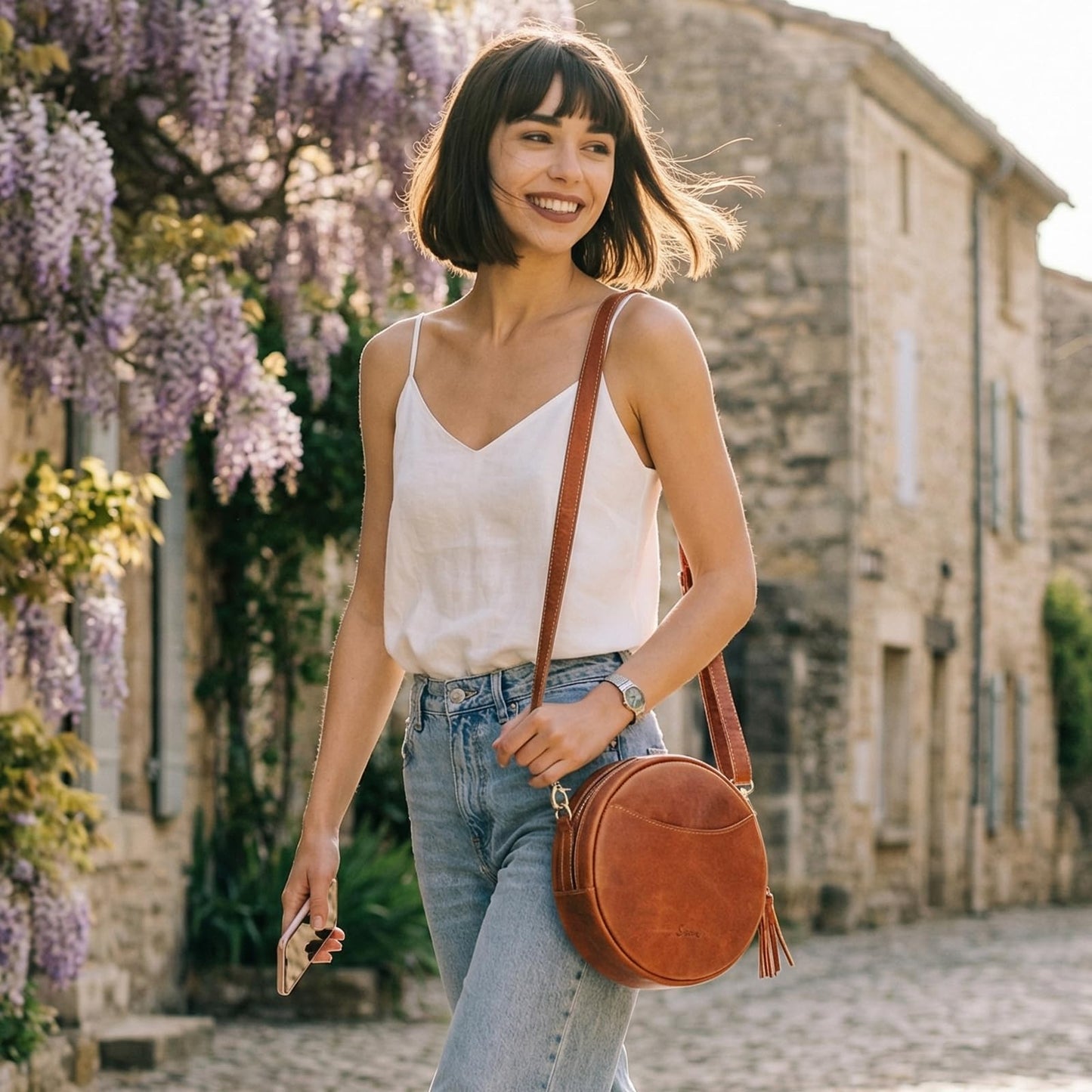 S-ZONE Leather Crossbody Bags for Women Circle Shoulder Round Purse Travel | Top Grain Leather, Keychain, Designer Handbag, Vintage, Multi Pockets, Detachable Strap, Eveyday Outing