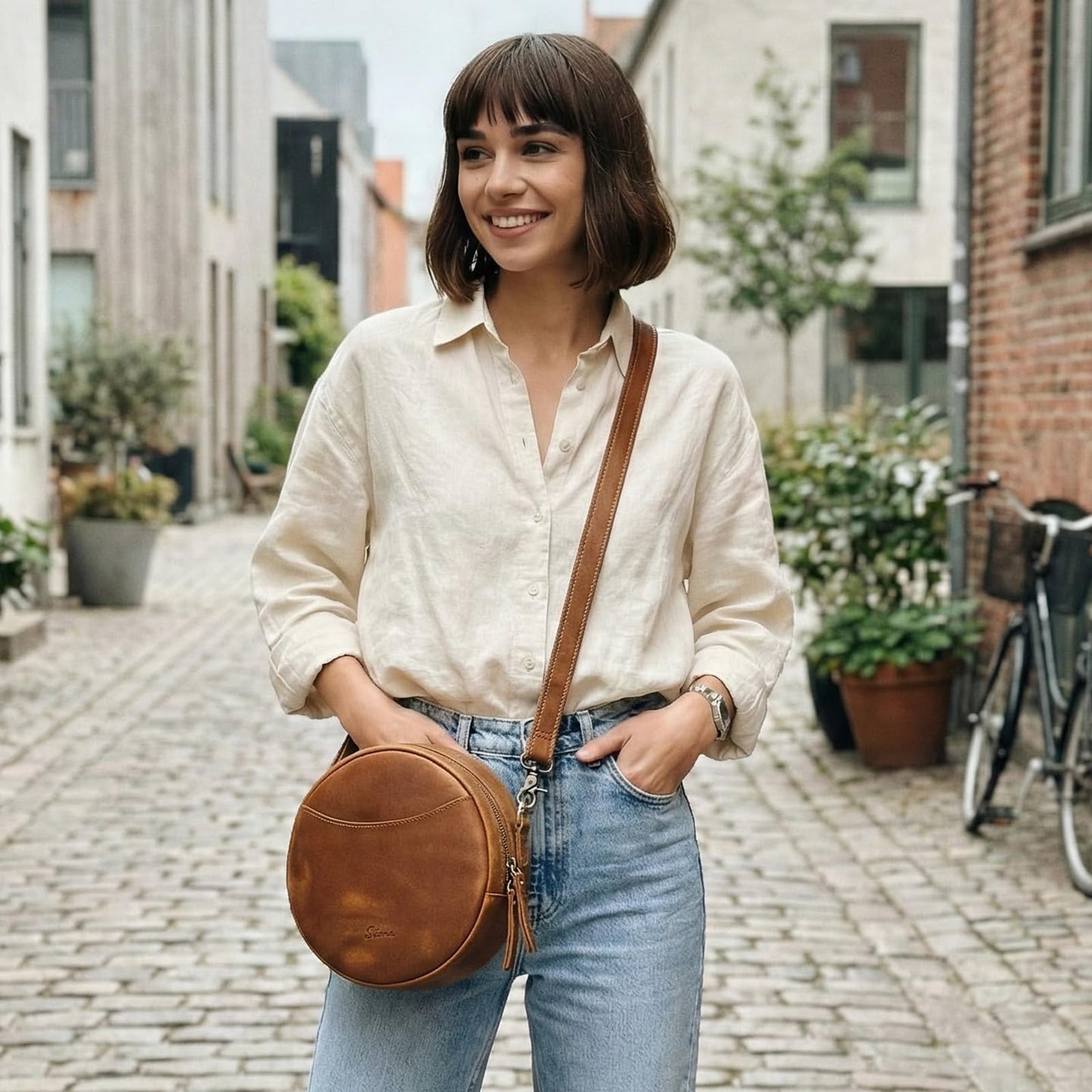 S-ZONE Leather Crossbody Bags for Women Circle Shoulder Round Purse Travel | Top Grain Leather, Keychain, Designer Handbag, Vintage, Multi Pockets, Detachable Strap, Eveyday Outing