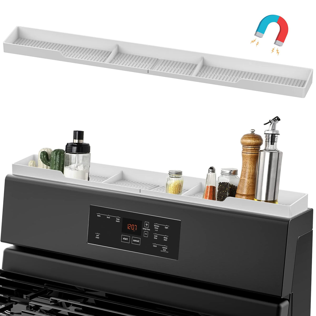 AWOKE Stove Top Shelf - Silicone Material Magnetic Shelf for The Stove - 3 Functional Partitions Kitchen Spice Rack Organizer