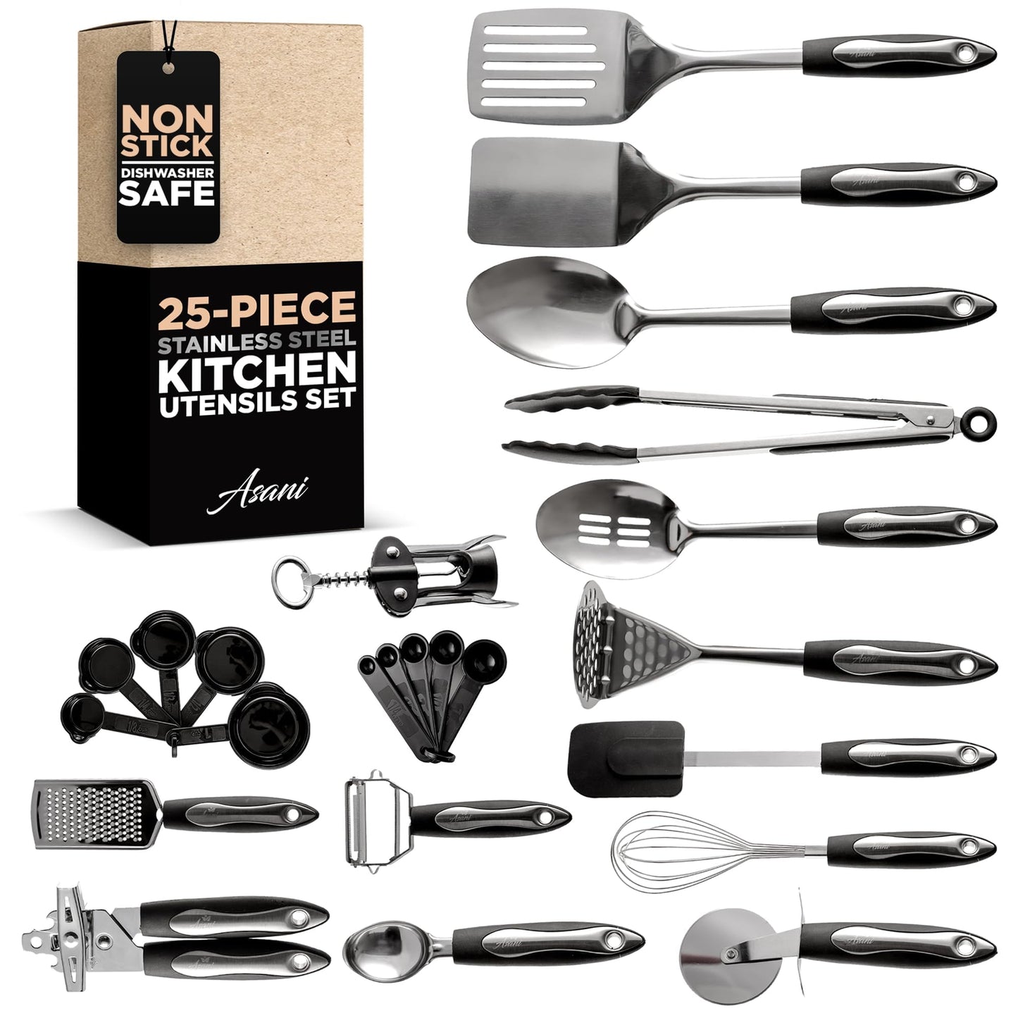 Asani 25-Piece Stainless Steel Kitchen Utensil Set | Non-Stick Cooking Gadgets and Tools Kit | Durable Dishwasher-Safe Cookware Set | Kitchenware Gift Idea, Best New Apartment Essentials