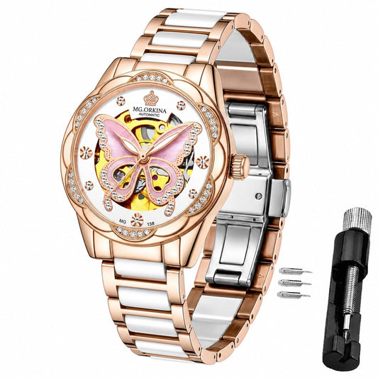 Vetra Women Watches Automatic Luxury Diamond Dress Ladies Watch Fashion Waterproof Ceramic Strap Rose Gold Self Winding Female Wrist Watch