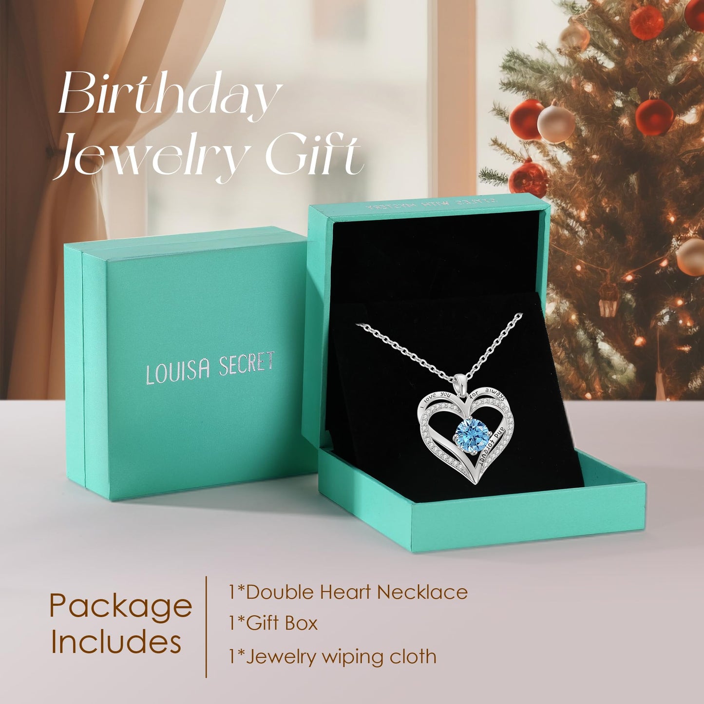 LOUISA SECRET Double Love Heart Birthstone Necklaces for Women, Birthday Gift for Girlfriend, Anniversary Jewelry Gift for Her, 925 Sterling Silver Jewelry Christmas Anniversary Birthday Present Gifts for Wife Girlfriend Mom Grandma Daughter