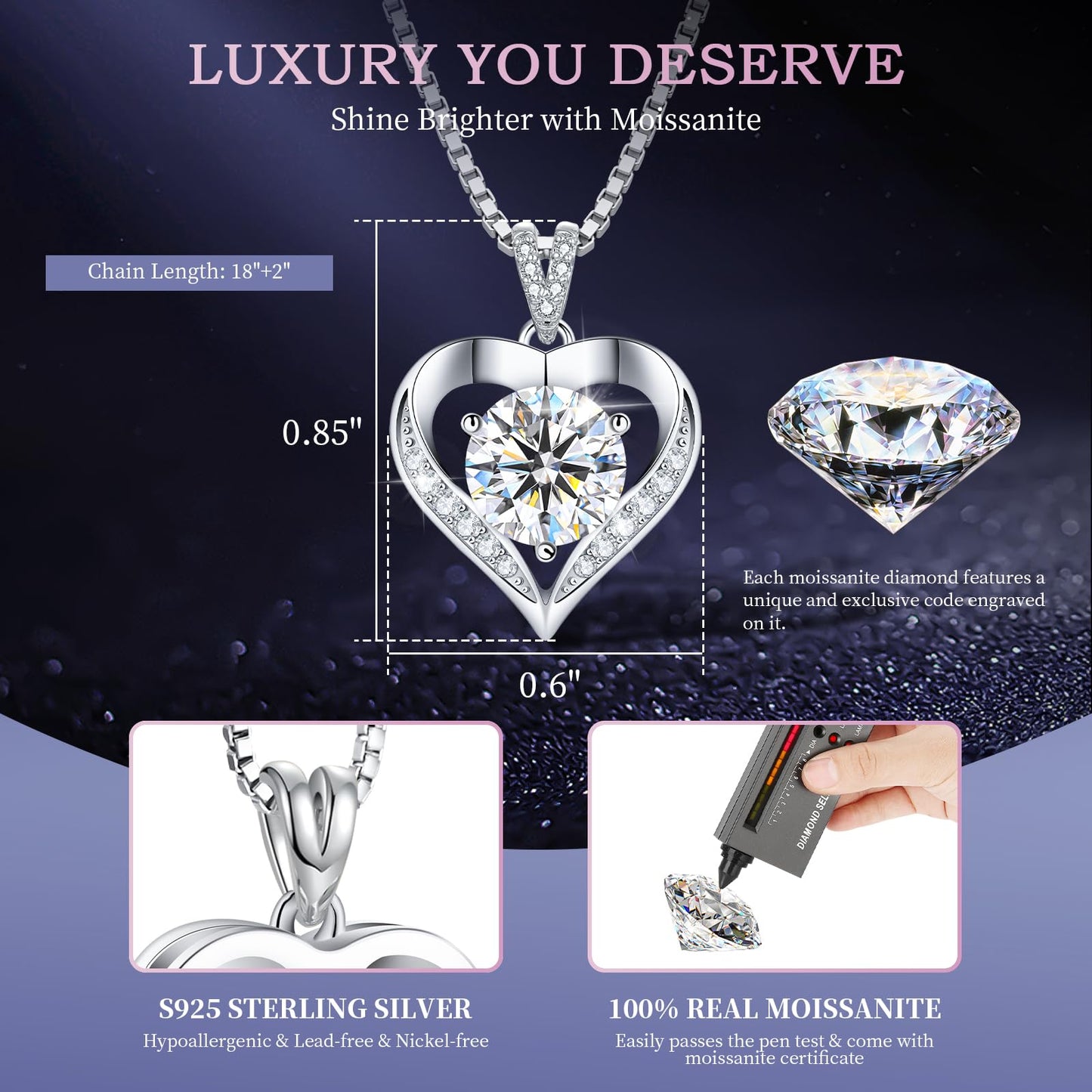 Gorgeous Moissanite Necklaces for Women - Sterling Silver 1-3CT D Color Moissanite Pendant Necklace, Mother Day Birthday Gifts for Mom Wife Girlfriend Daughter, Wedding Anniversary Christmas Jewelry Gift