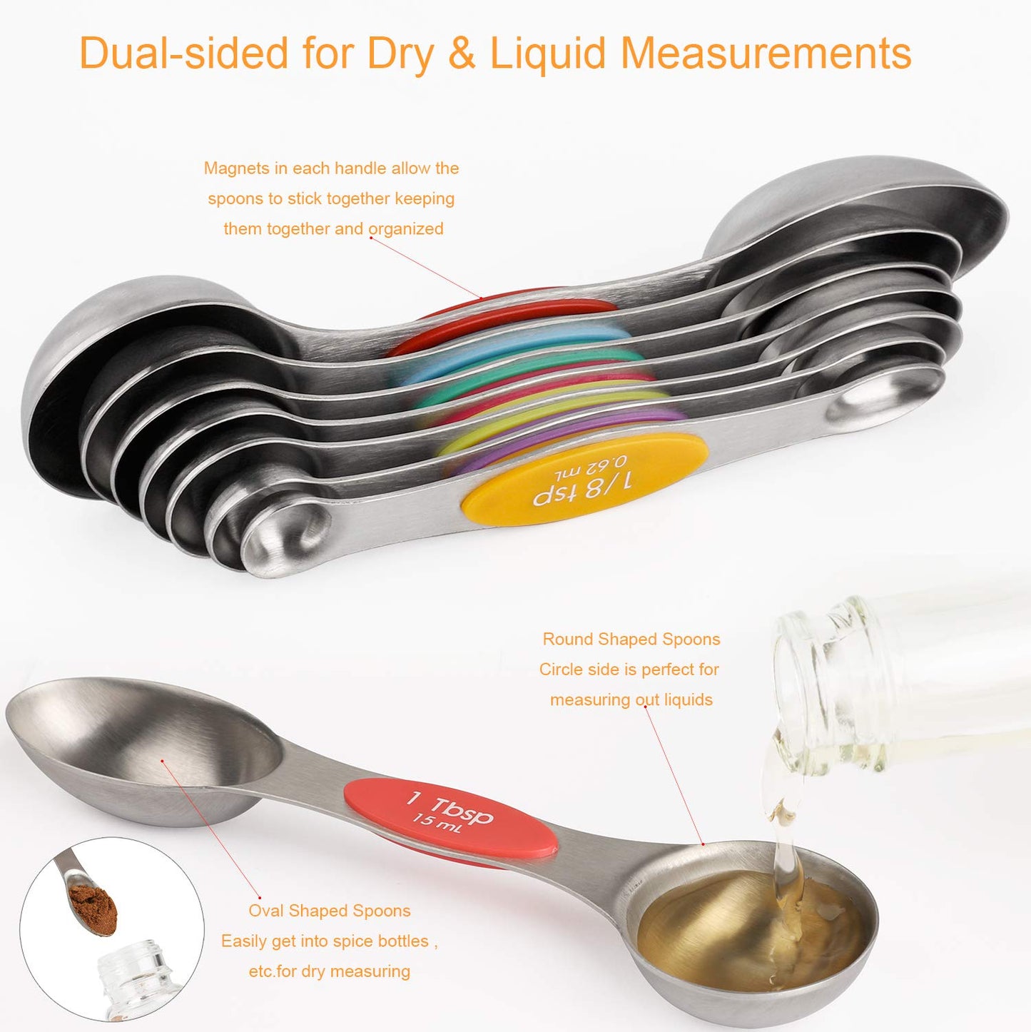 Magnetic Measuring Spoons Set Stainless Steel Dual Sided Stackable Measuring Spoon Set of 8 Nesting Teaspoons Tablespoons for Measuring Dry and Liquid Ingredients