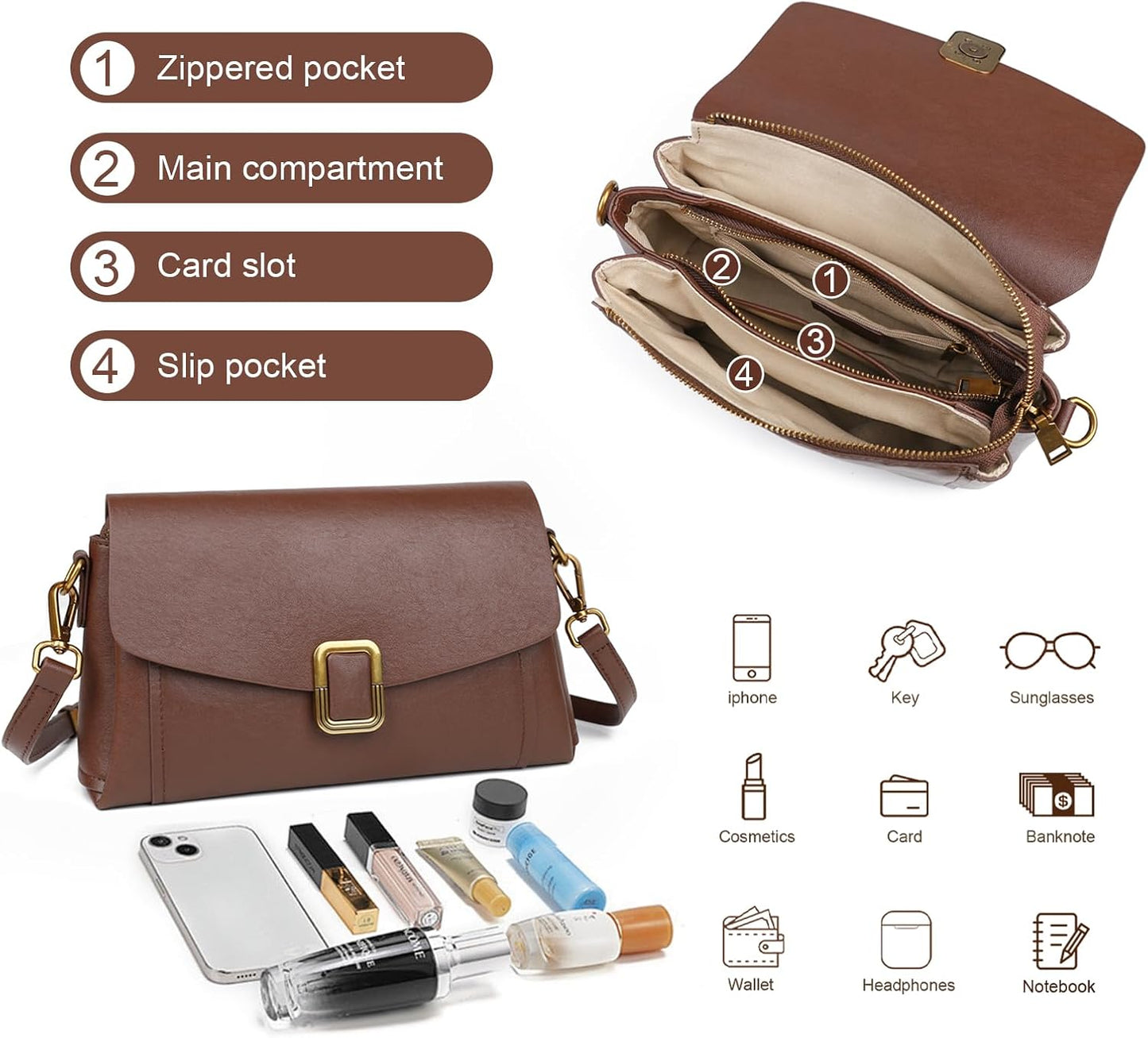 Genuine Leather Crossbody Bag for Women, Adjustable Shoulder Bag | Genuine Leather, 2 Detachable Straps, Satchel, Compact & Lightweight, Travel, Everyday, Work, Gift