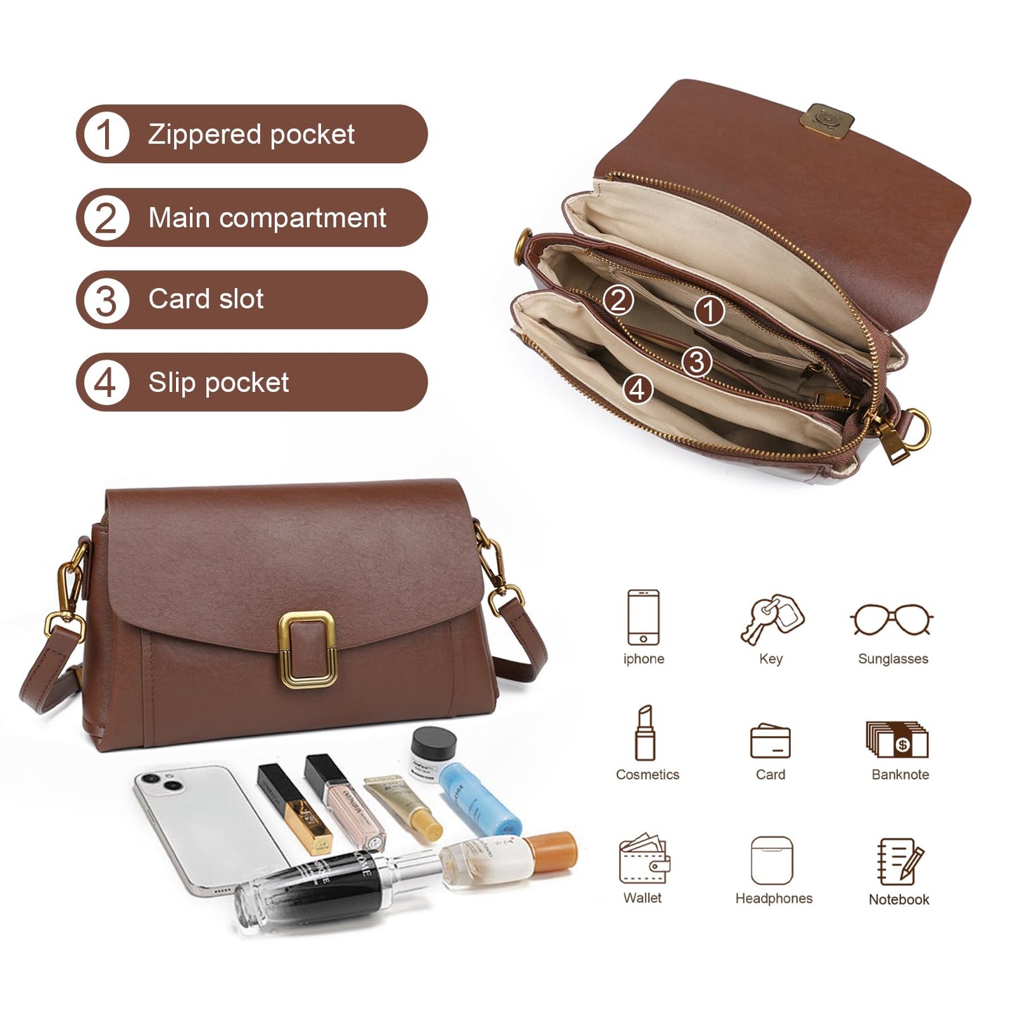 Genuine Leather Crossbody Bag for Women, Adjustable Shoulder Bag | Genuine Leather, 2 Detachable Straps, Satchel, Compact & Lightweight, Travel, Everyday, Work, Gift