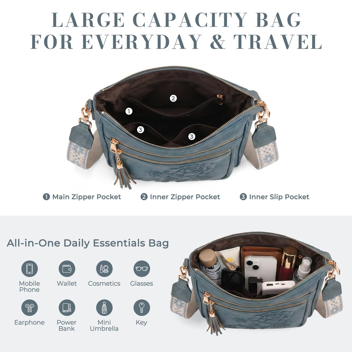 Crossbody Bags for Women, Vegan Leather Crossbody Purse, Multiple Pocket Daily Travel Shoulder Bag with Boho Strap