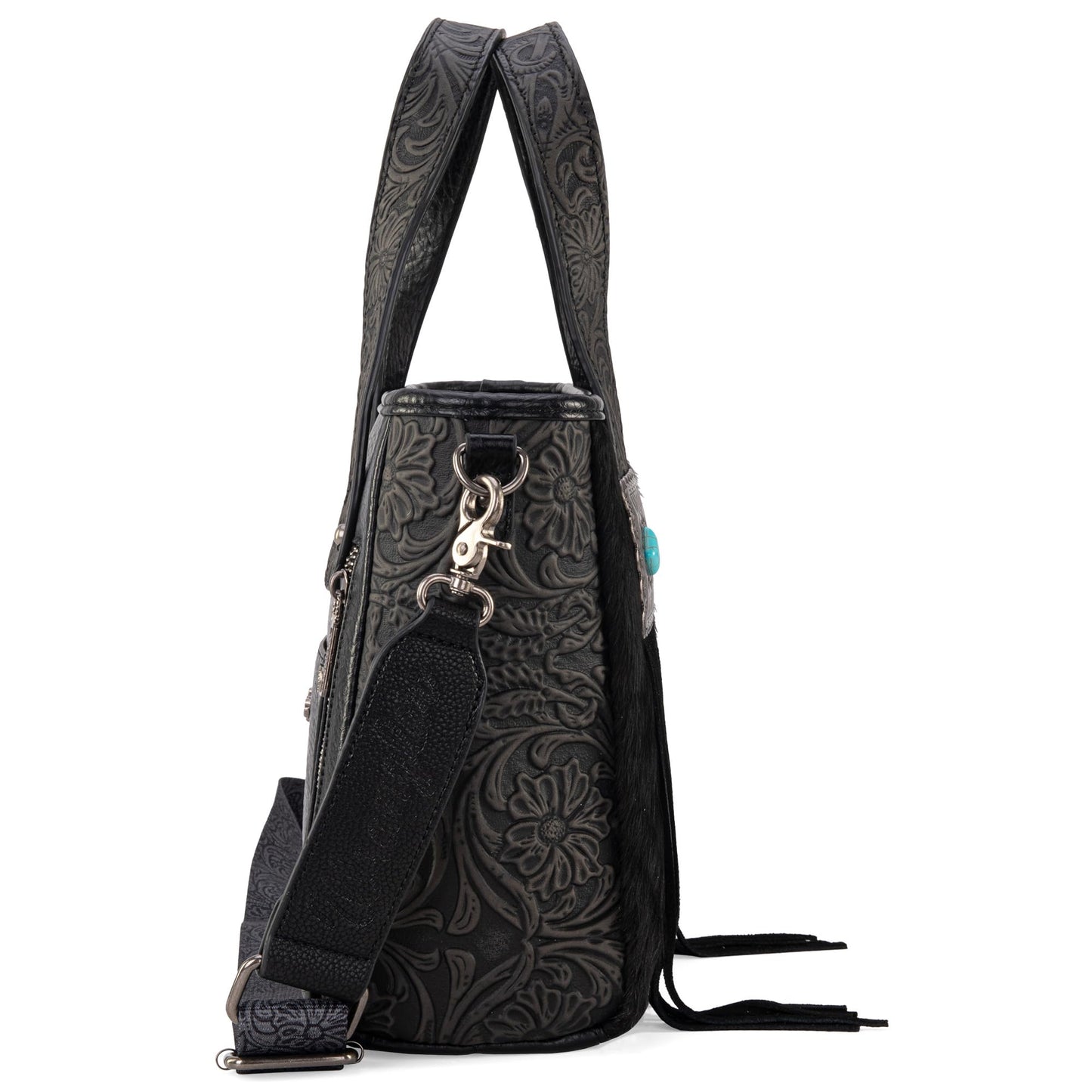 Montana West Wrangler Cowhide Tote Bag for Women Western Tooling Handbag Leather Fringing with Turquoise Stone Concho
