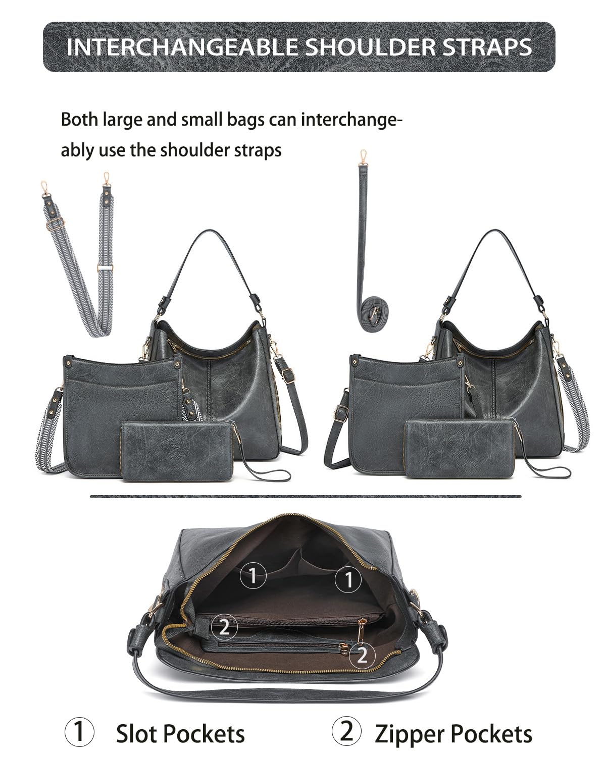 Purses for Women 3PCS, Crossbody Bags Set Large Leather Purse Shoulder Handbags with Wallet Adjustable Straps for Ladies Tote