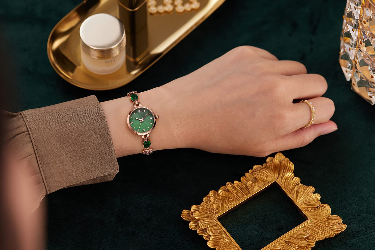 TIME100 Women's Bracelet Watches Ladies Quartz Wrist Watch with Green Dial Bezel with Crystals in Movement Bracelet Strap with Diamonds Waterproof