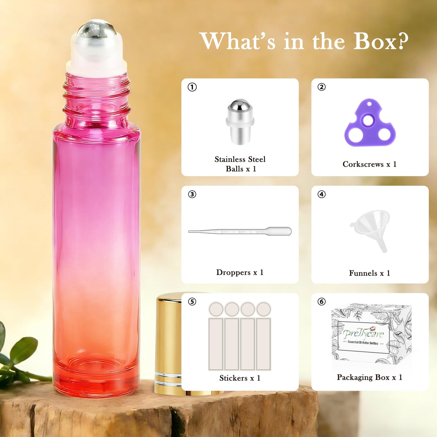 PrettyCare 4 Pack Amber Glass Oil Roller Bottles for Essential Oils 10ml, Roll On Bottles with Stainless Steel Roller Ball Leak-Proof Perfume Travel Refillable Bottle Empty, Beauty & Personal Care