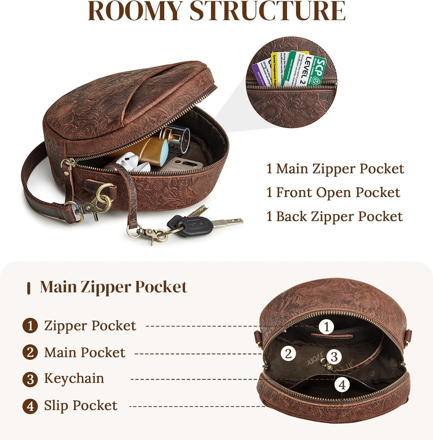 S-ZONE Leather Crossbody Bags for Women Circle Shoulder Round Purse Travel | Top Grain Leather, Keychain, Designer Handbag, Vintage, Multi Pockets, Detachable Strap, Eveyday Outing