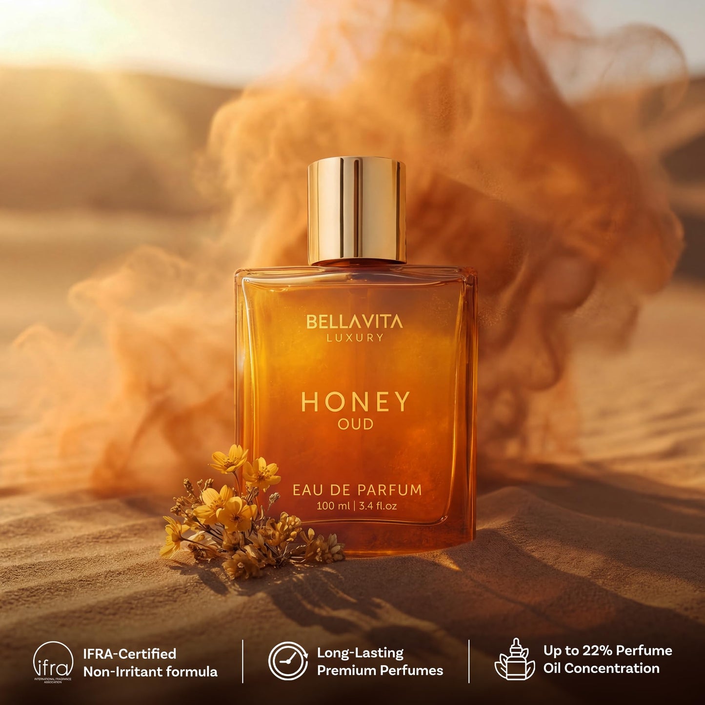 Bellavita Luxury Honey Oud Eau de Parfum | 100 ml (3.4 fl.oz.) | Perfume for Men and Women | Sweet Honey, Bergamot, Oud, and Amber Notes | Women's Day Special