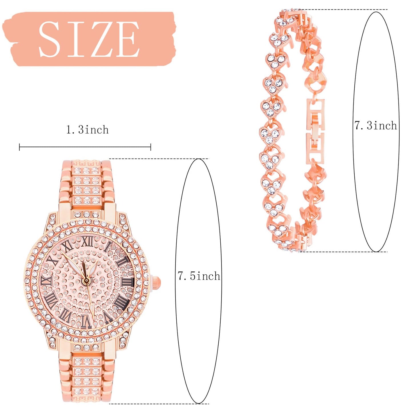 NEWITIN 2 Pieces Women Diamond Watch Bracelet Set Luxury Fashion Jewelry Cubic Zirconia Wristwatch Bracelet Gold Watch Jewelry Set for Women