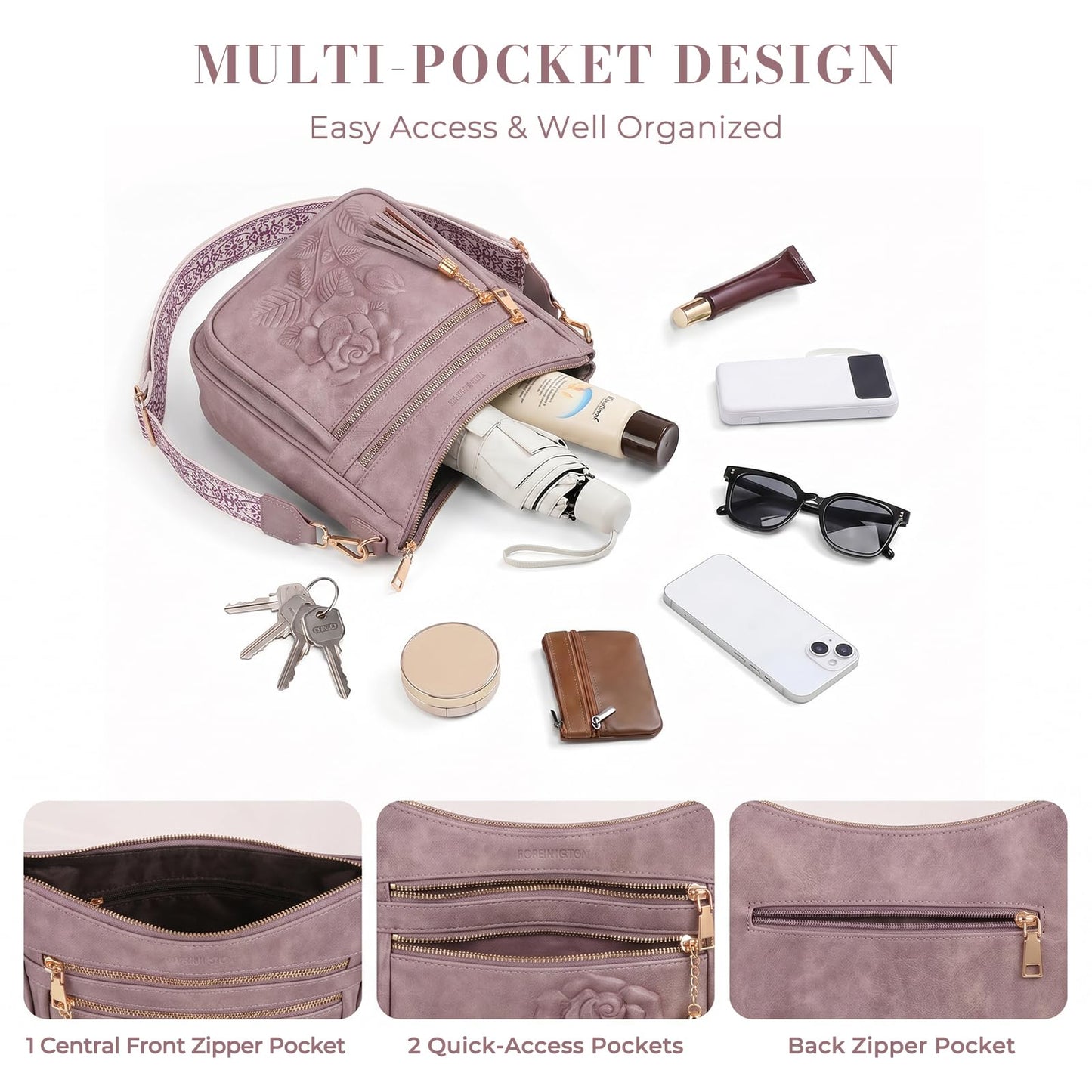 Crossbody Bags for Women, Vegan Leather Crossbody Purse, Multiple Pocket Daily Travel Shoulder Bag with Boho Strap