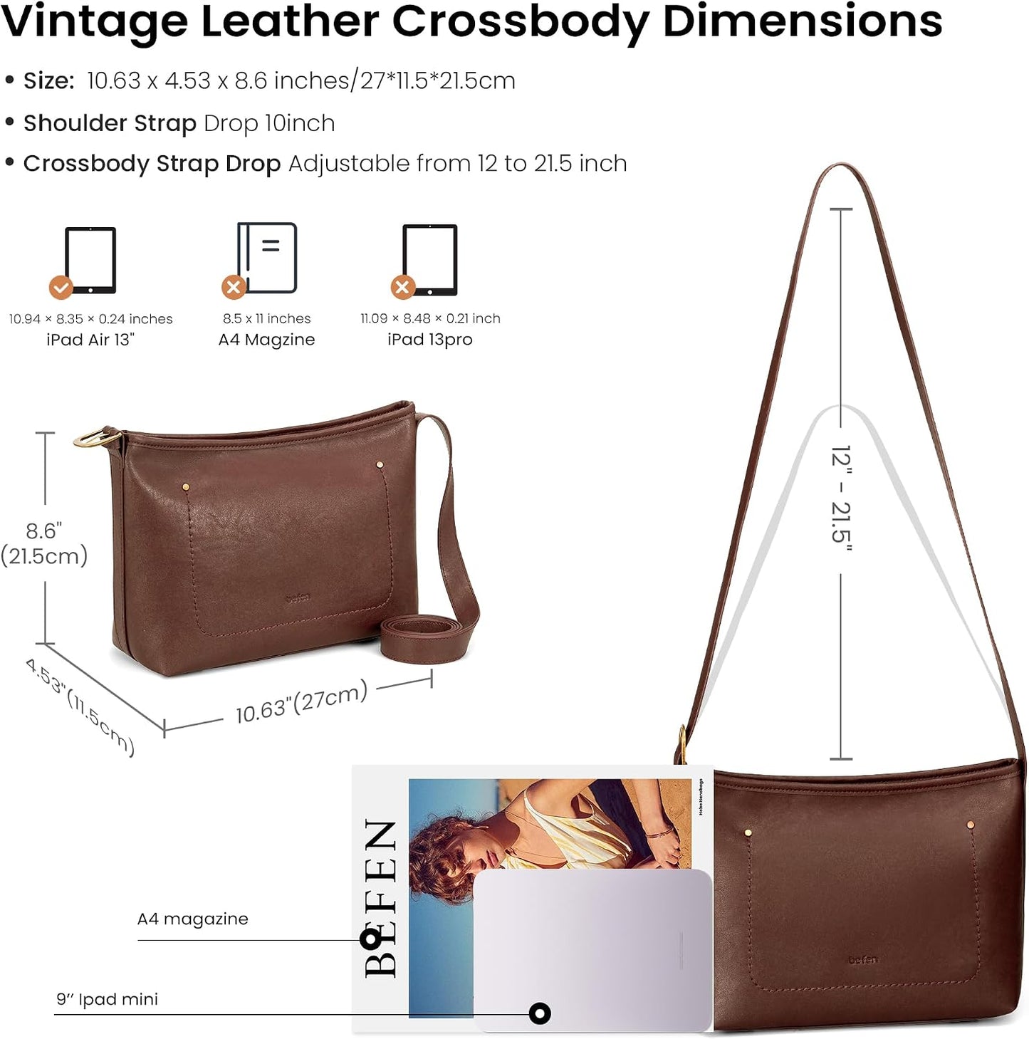 befen Genuine Leather Purses for Women, RFID Medium Leather Crossbody Bags Shoulder Purse Handbags