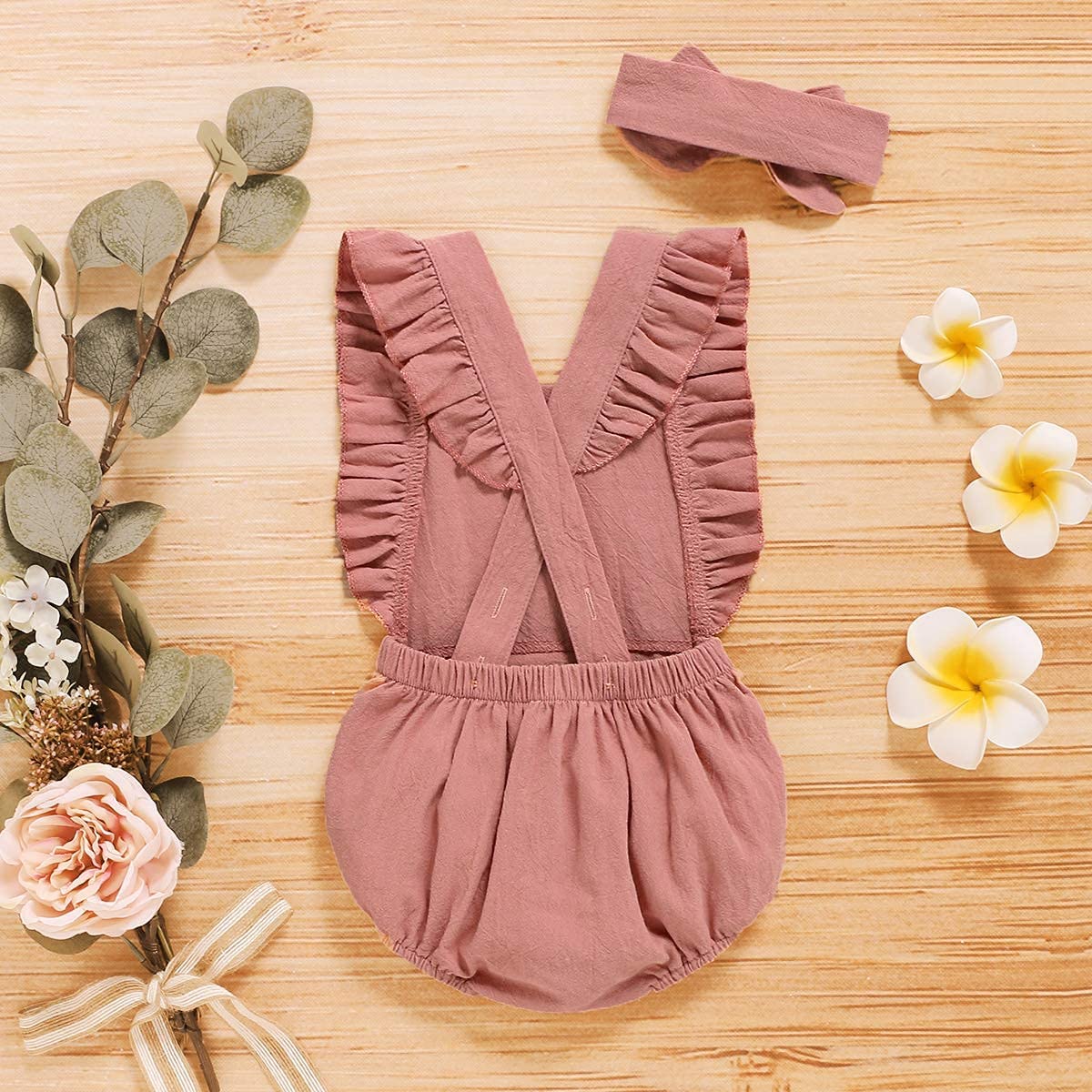 Shalofer 1st Birthday Outfit Girl Baby First Birthday Clothes Cute Backless Ruffles Bodysuit with Headband (Pink,12-18 Months)