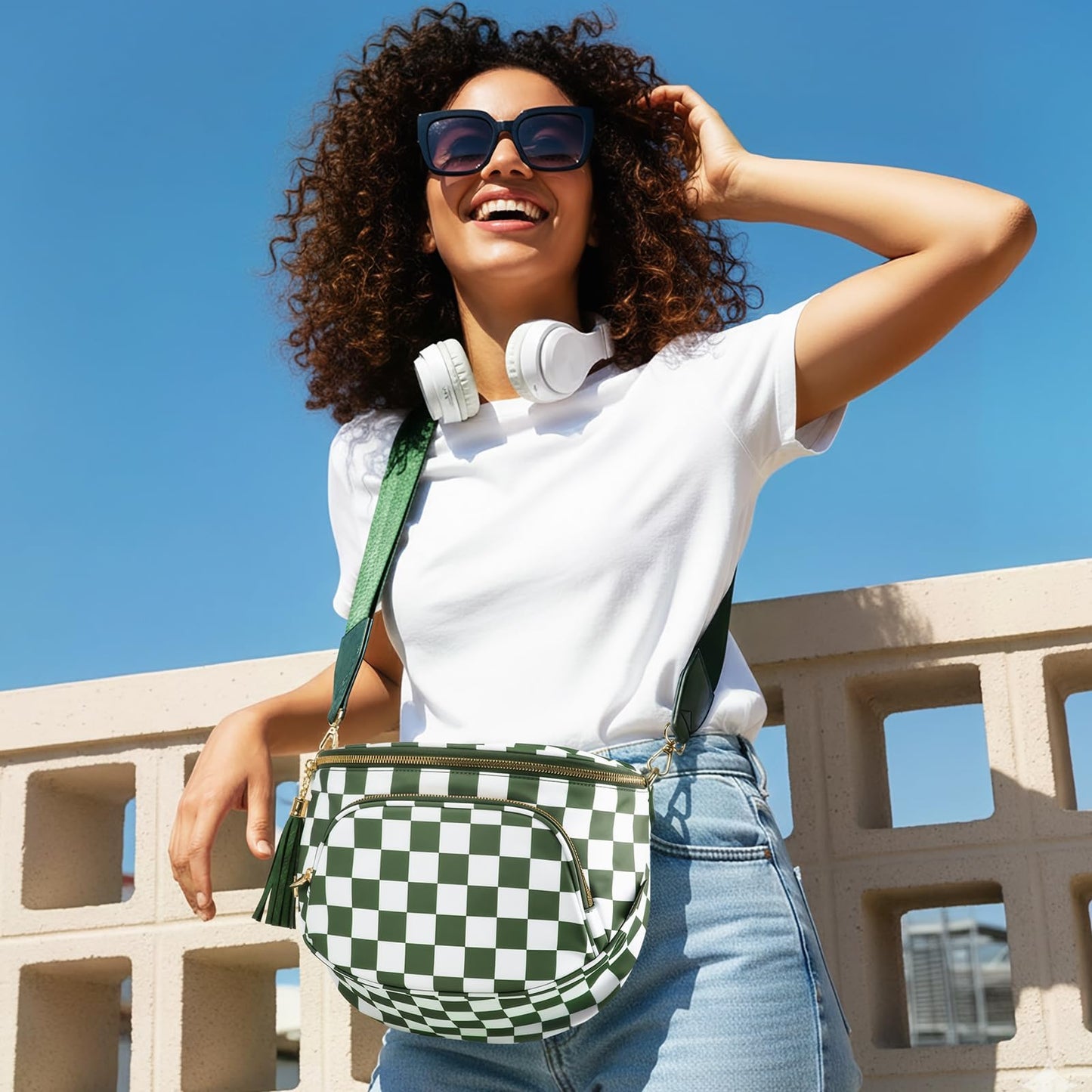 Checkered Crossbody Bag Anti Theft Spacious Bum Bags for Women Nylon Fanny Packs Lightweight Purse Wallet for Travel