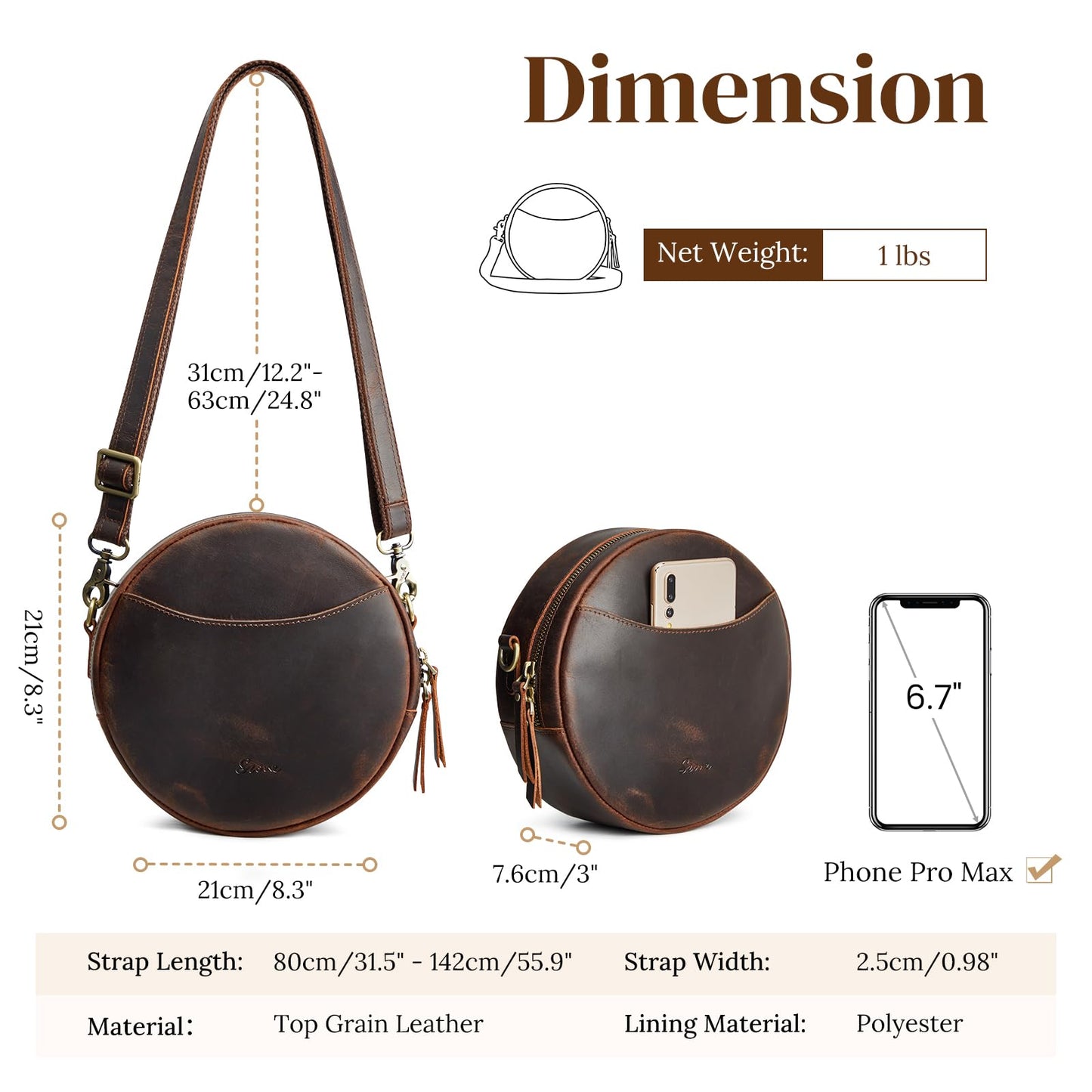 S-ZONE Leather Crossbody Bags for Women Circle Shoulder Round Purse Travel | Top Grain Leather, Keychain, Designer Handbag, Vintage, Multi Pockets, Detachable Strap, Eveyday Outing