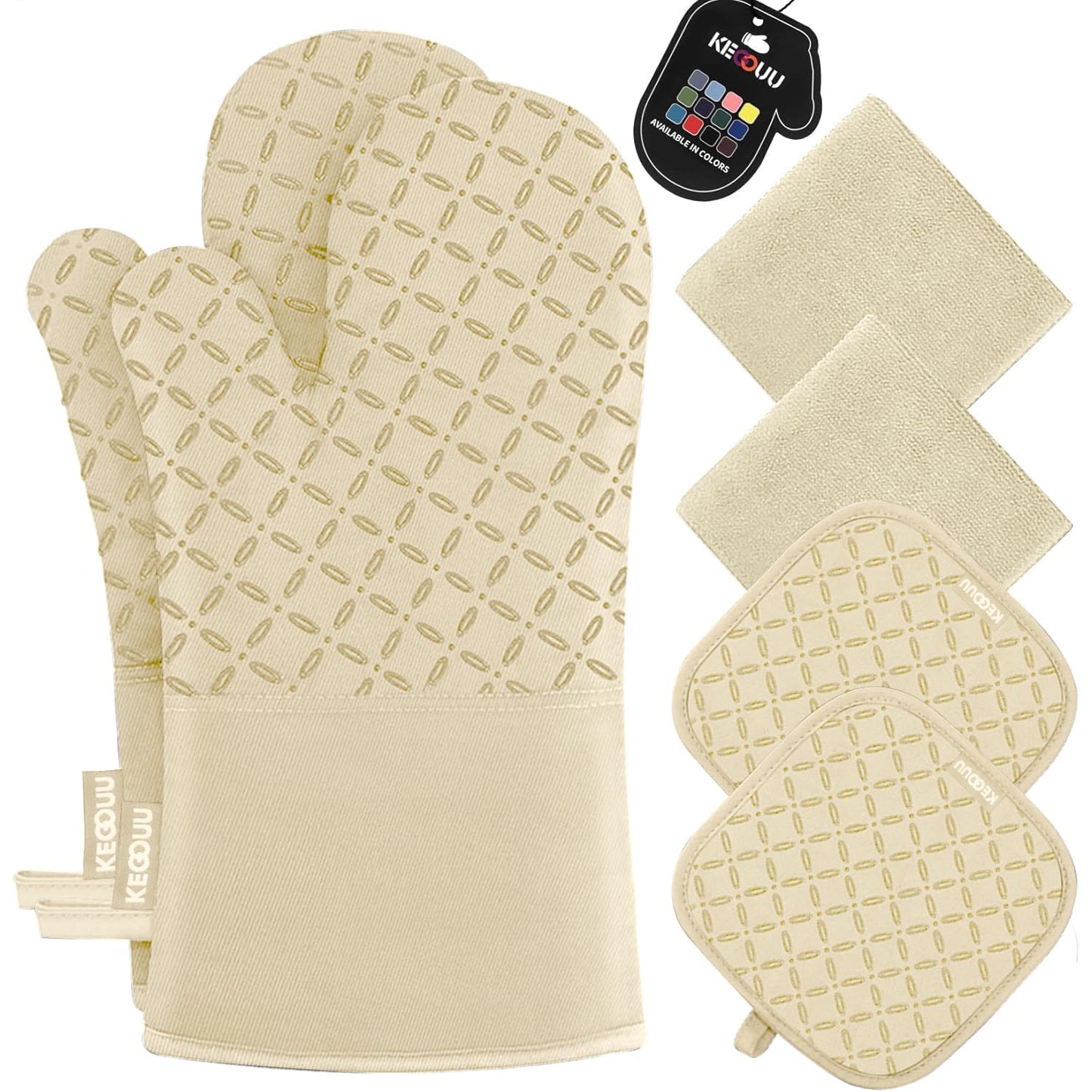 KEGOUU Oven Mitts and Pot Holders 6pcs Set, Kitchen Oven Glove High Heat Resistant 500 Degree Extra Long Oven Mitts and Potholder with Non-Slip Silicone Surface for Cooking (Gray)