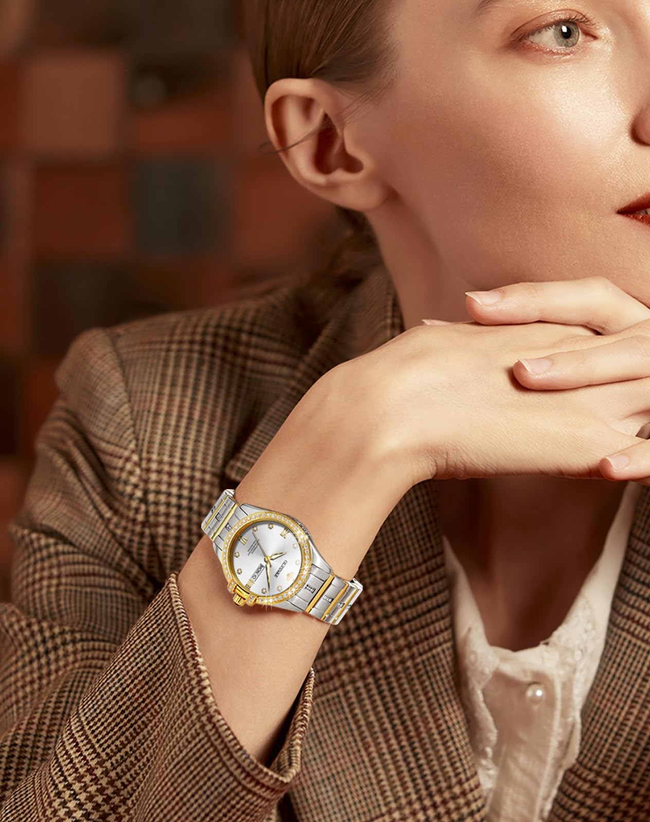 OUPINKE Women Automatic Watches Luxury Diamond Flywheel Two-Tone Stainless Tungsten Steel Band Moon Phase 24 Hours
