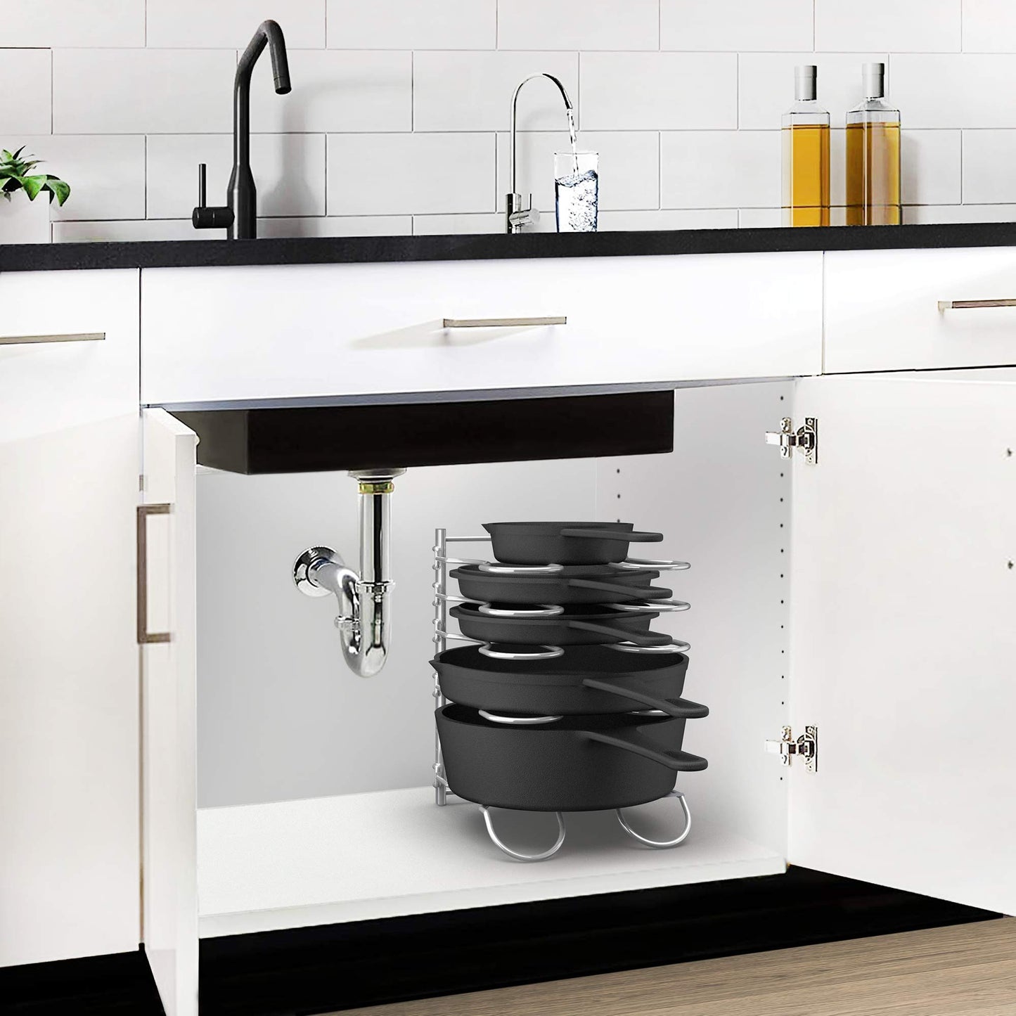 CAXXA Heavy Duty Pan Rack, Pot Lid Rack, Kitchen Cabinet Pantry Cookware Organizer Rack Holder with 5 Adjustable Dividers, Chrome