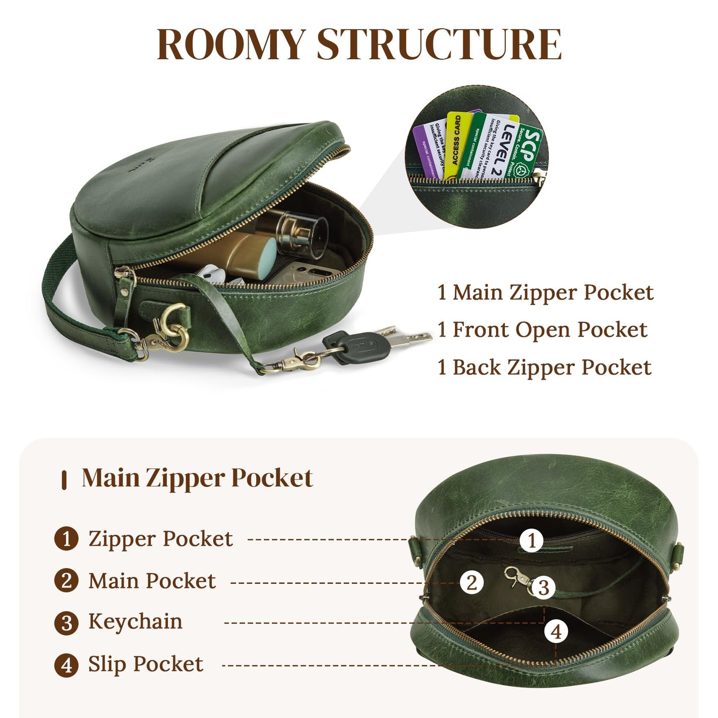 S-ZONE Leather Crossbody Bags for Women Circle Shoulder Round Purse Travel | Top Grain Leather, Keychain, Designer Handbag, Vintage, Multi Pockets, Detachable Strap, Eveyday Outing