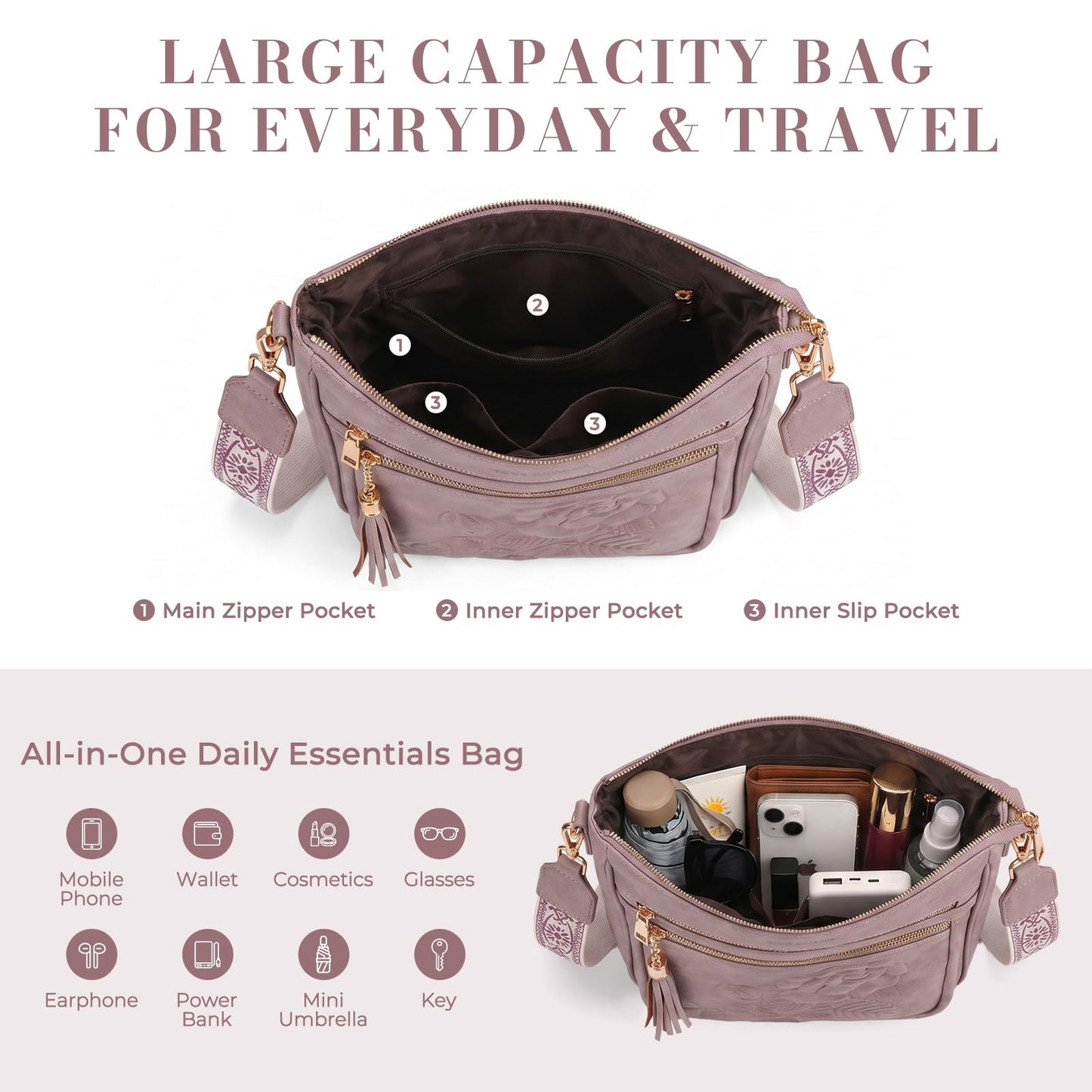 Crossbody Bags for Women, Vegan Leather Crossbody Purse, Multiple Pocket Daily Travel Shoulder Bag with Boho Strap