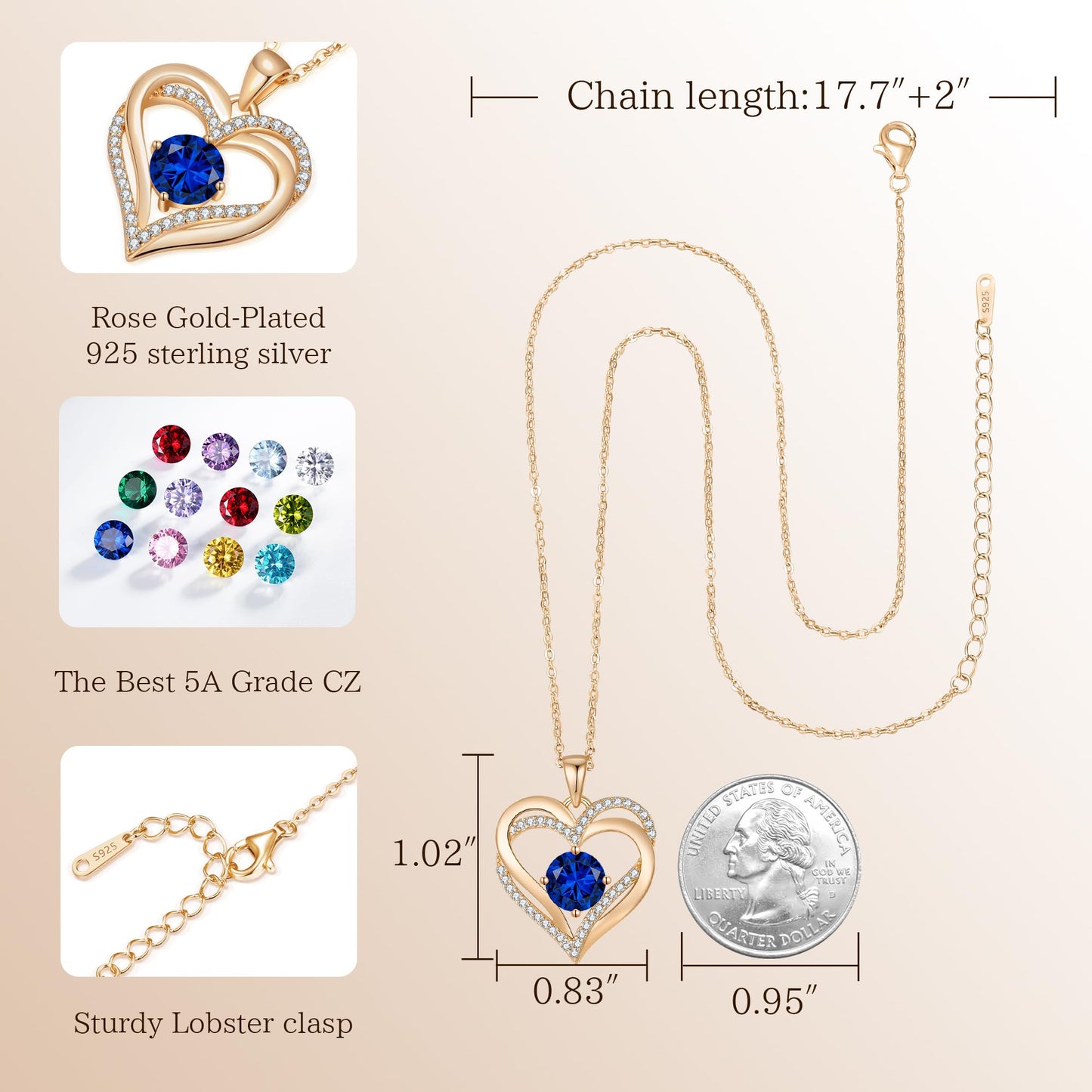 LOUISA SECRET Double Love Heart Birthstone Necklaces for Women, Birthday Gift for Girlfriend, Anniversary Jewelry Gift for Her, 925 Sterling Silver Jewelry Christmas Anniversary Birthday Present Gifts for Wife Girlfriend Mom Grandma Daughter