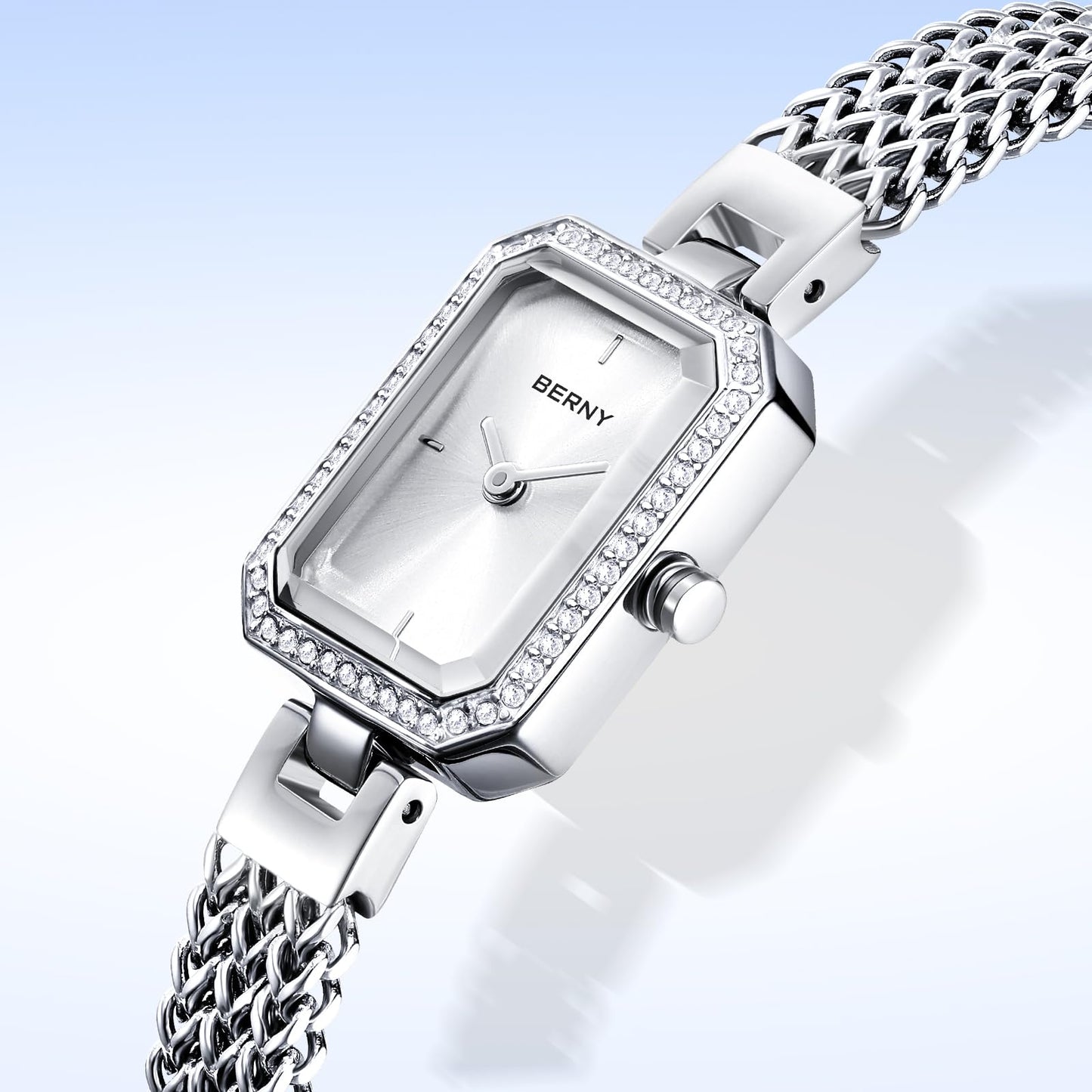 BERNY Silver Watches for Women Ladies Wrist Watch and Bracelet Set Dainty Quartz Bracelet Watch Premium Crystal Accented Fashion Luxury Birthday Present for Women